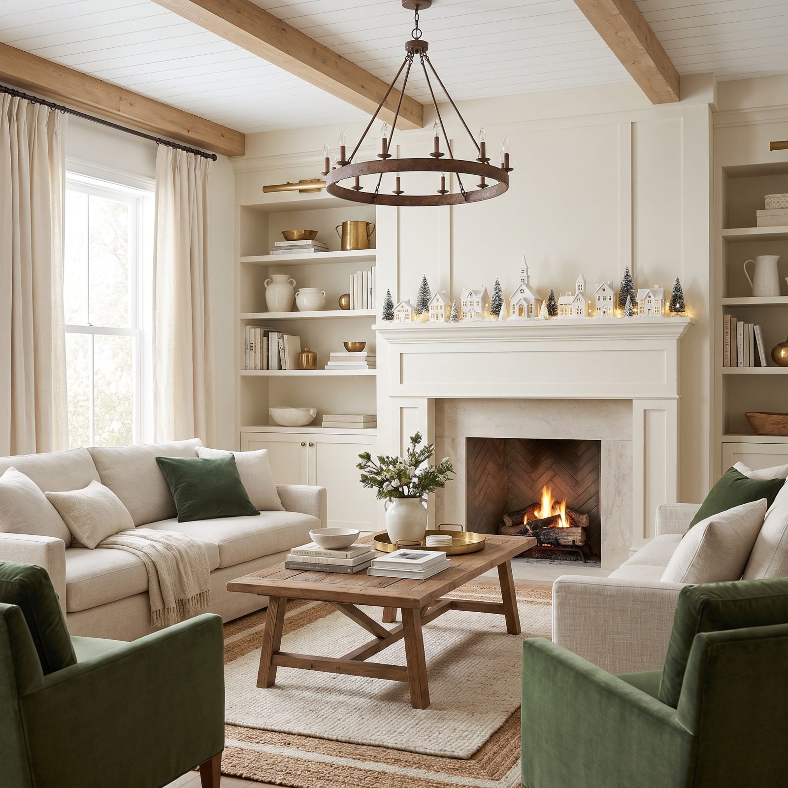 Cream Mantel with an All-White Christmas Village