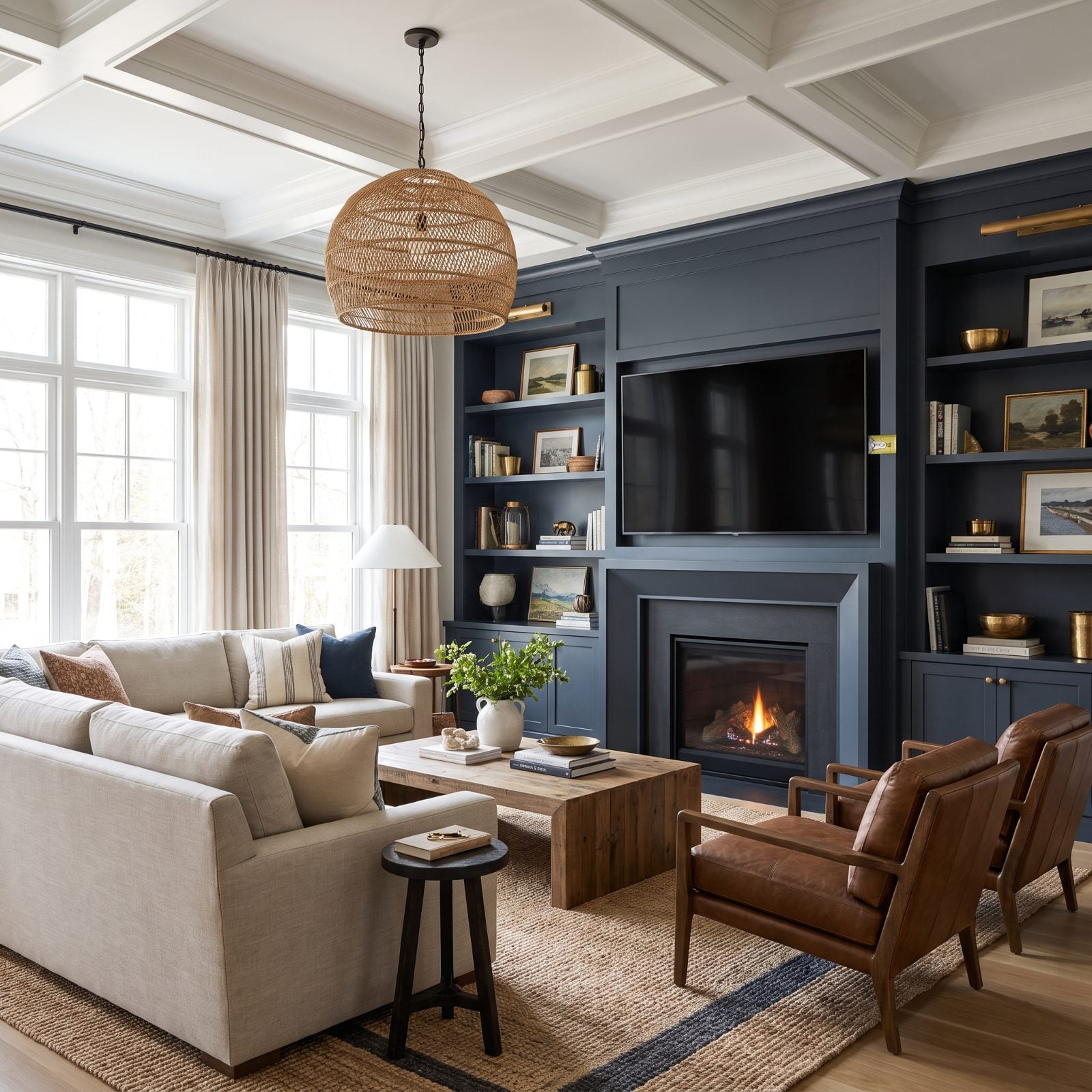 White-oak built-ins with a recessed niche sized to the inch around a 55-inch television.