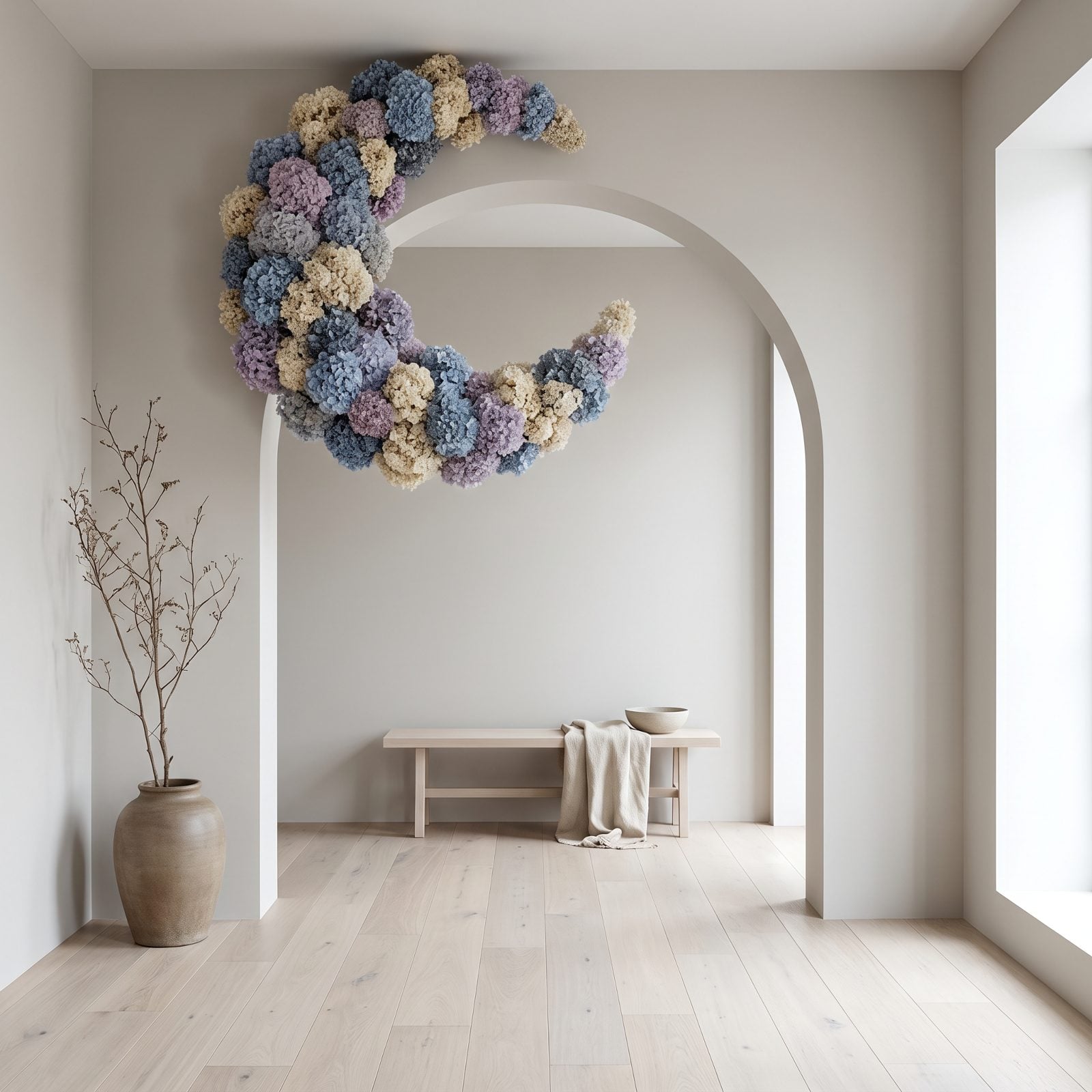 A Crescent Moon Built From Dried Hydrangeas