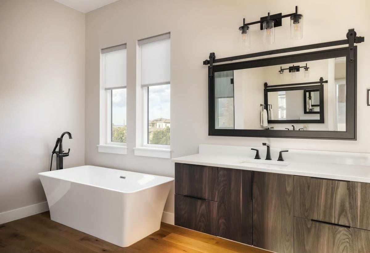 Barn-Style Mirror Frame and Walnut Vanity Cabinet Doing Real Design Work