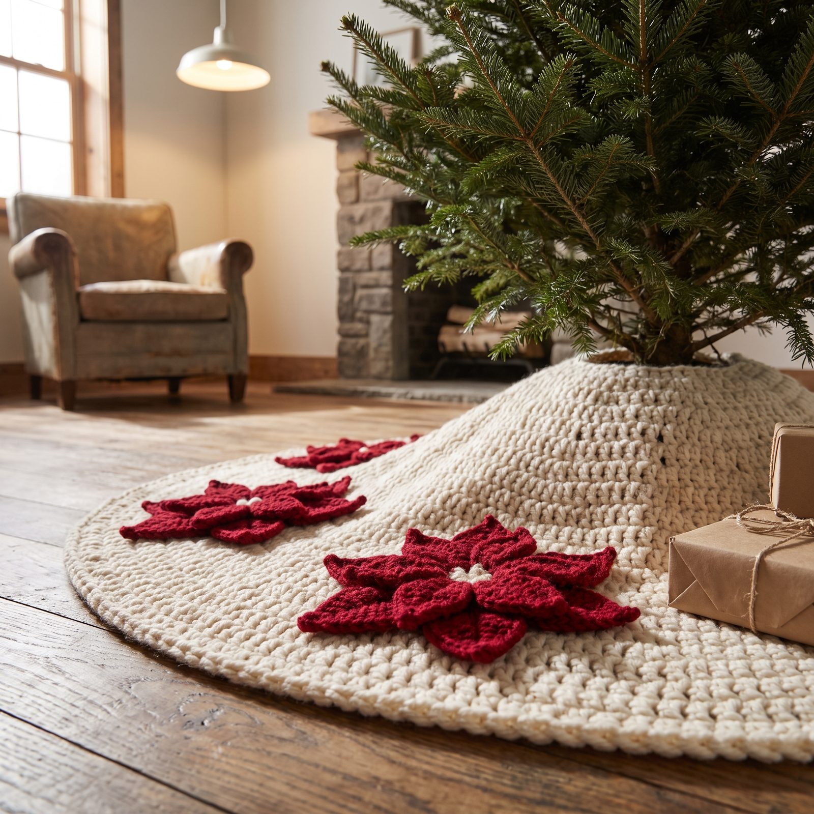 A Crocheted Tree Skirt With Red Yarn Poinsettias