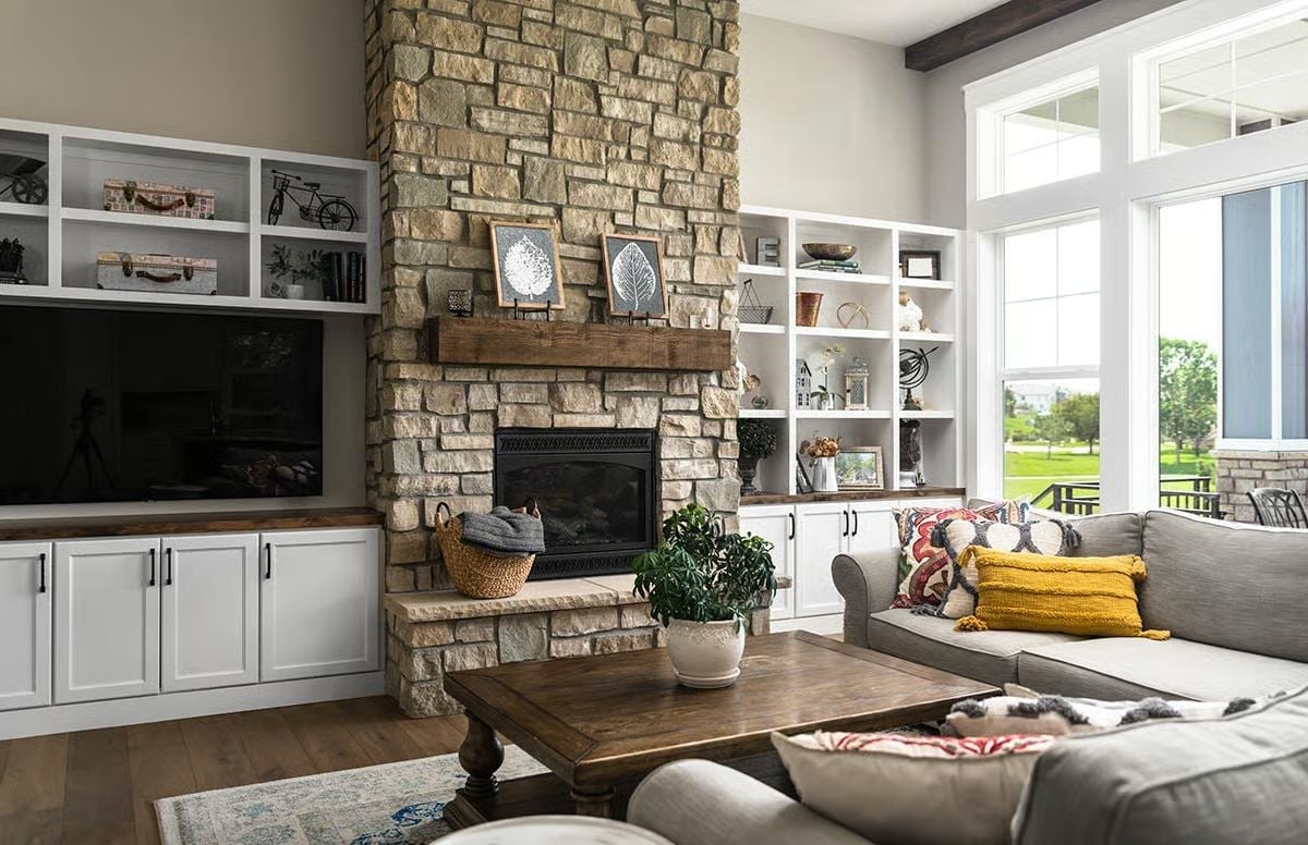 Stone Tower, Wood Mantel, Built-Ins That Actually Earn Their Keep