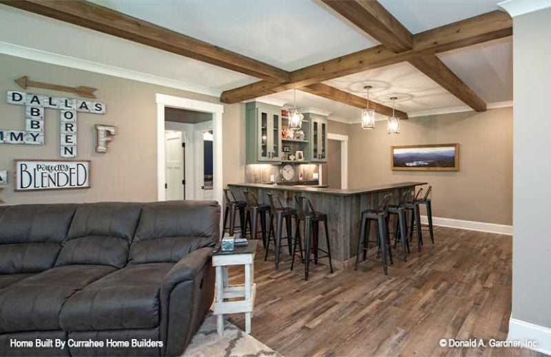 Scrabble Tile Wall Art and a Wet Bar That Make the Basement Feel Earned