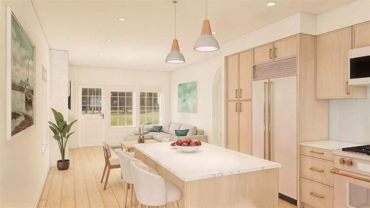 Pendant Lights Over a Marble Island That Make the Kitchen Feel Like a Weekend Away