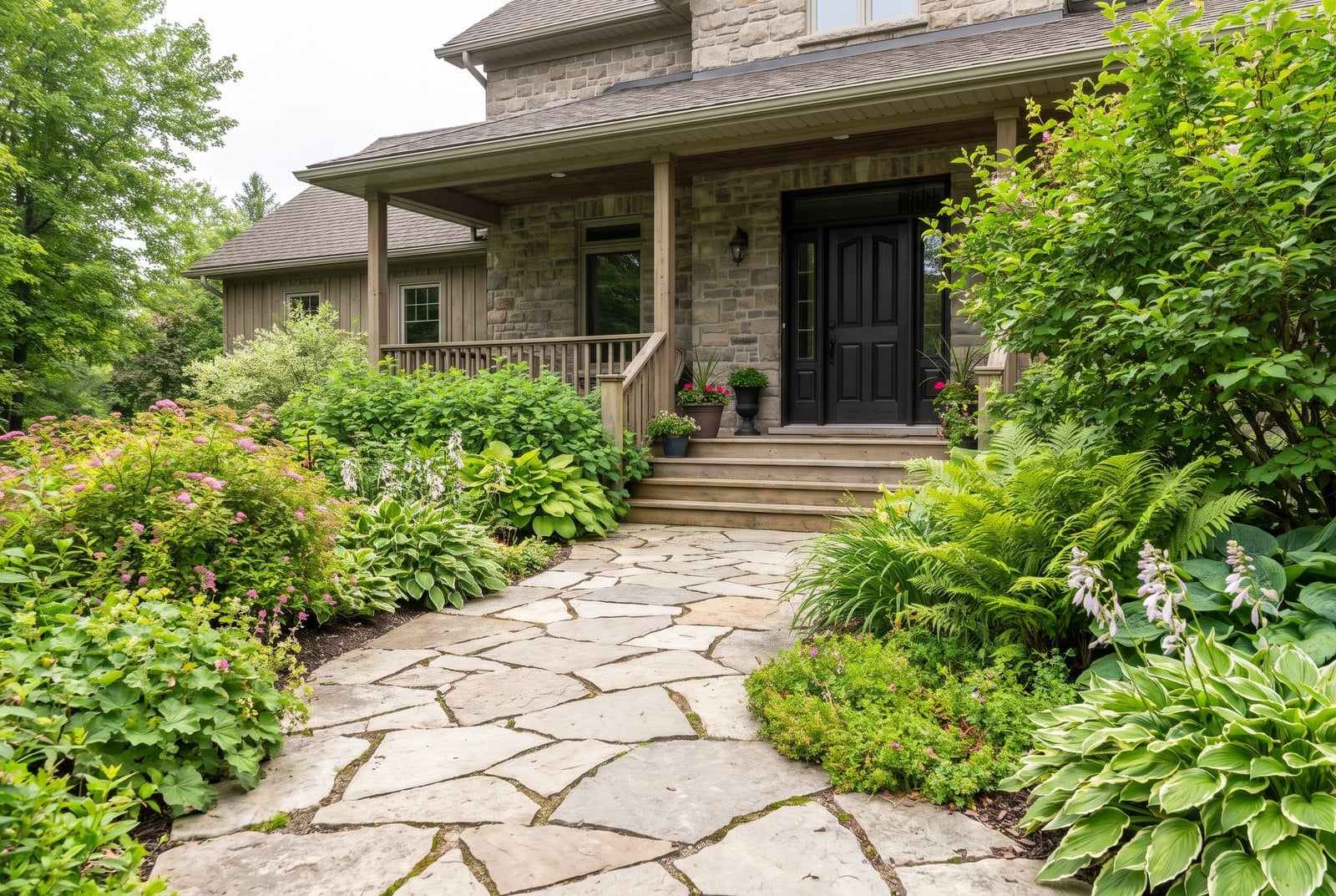 Natural stone walkway leading to a front door