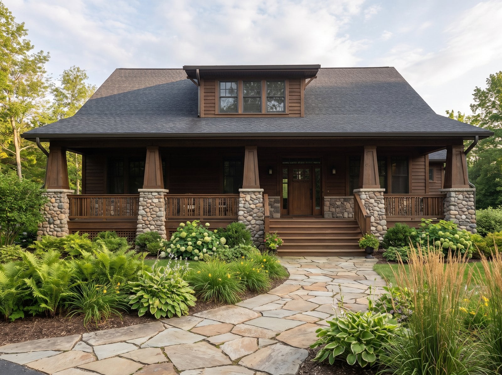 Craftsman house with a full front porch and a natural stone walkway