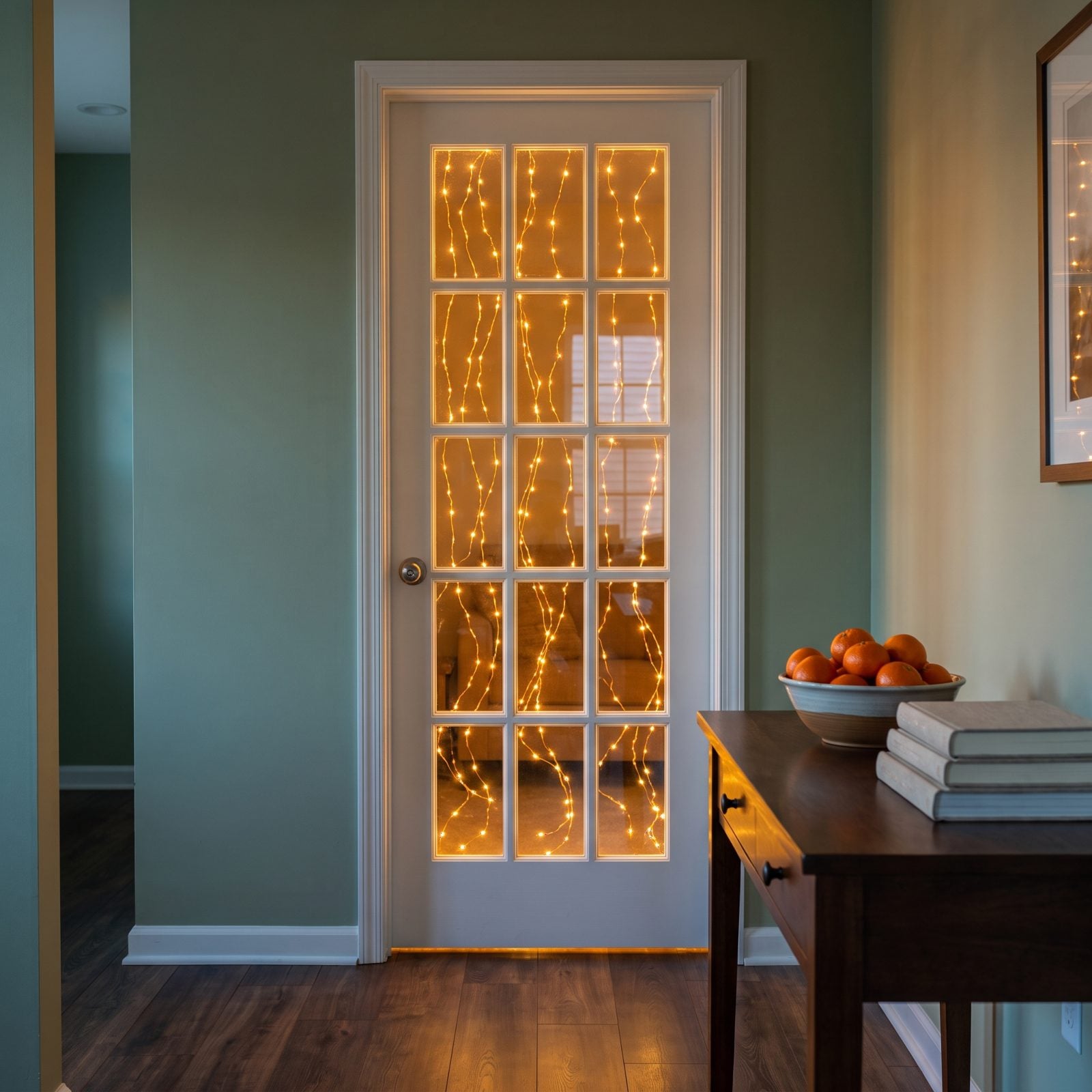 A Curtain of Warm Micro-Lights Behind the Glass