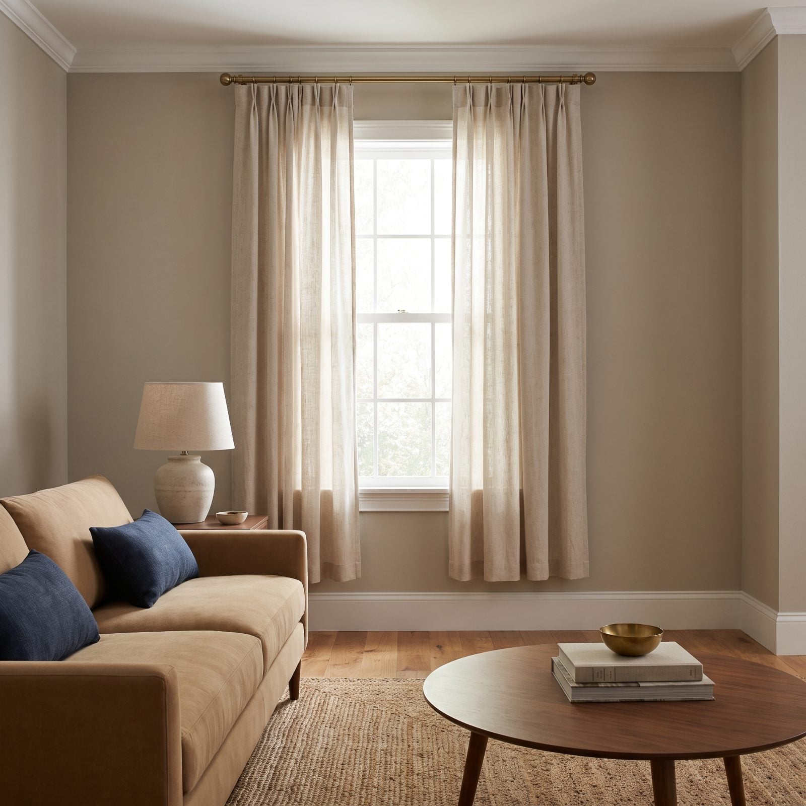Curtains That Stop Short of the Floor in a Transitional Living Room