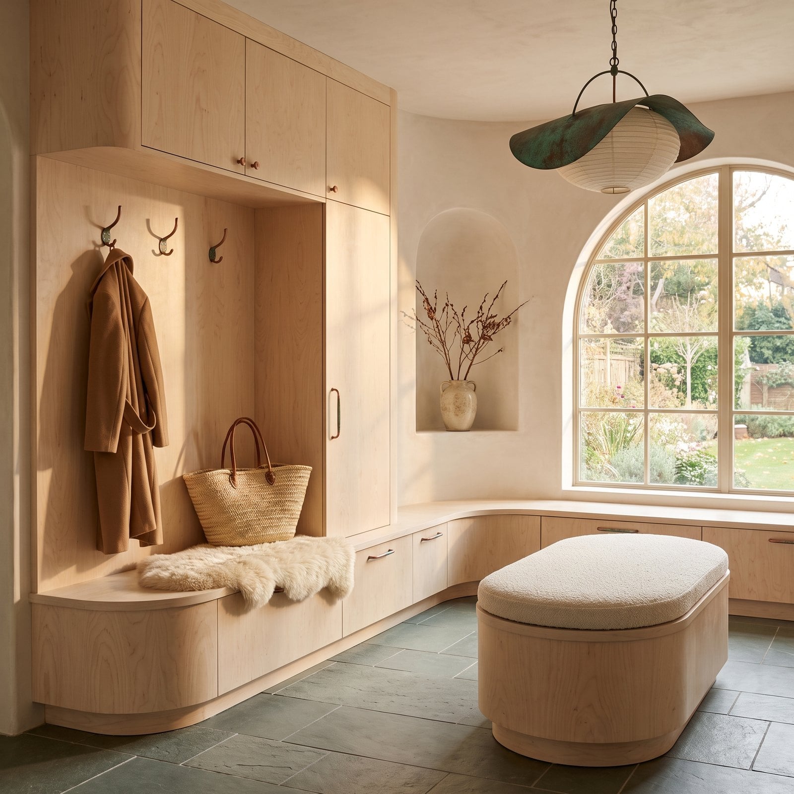 Curved Birch Benches and Limewash in a Modern Organic Mudroom