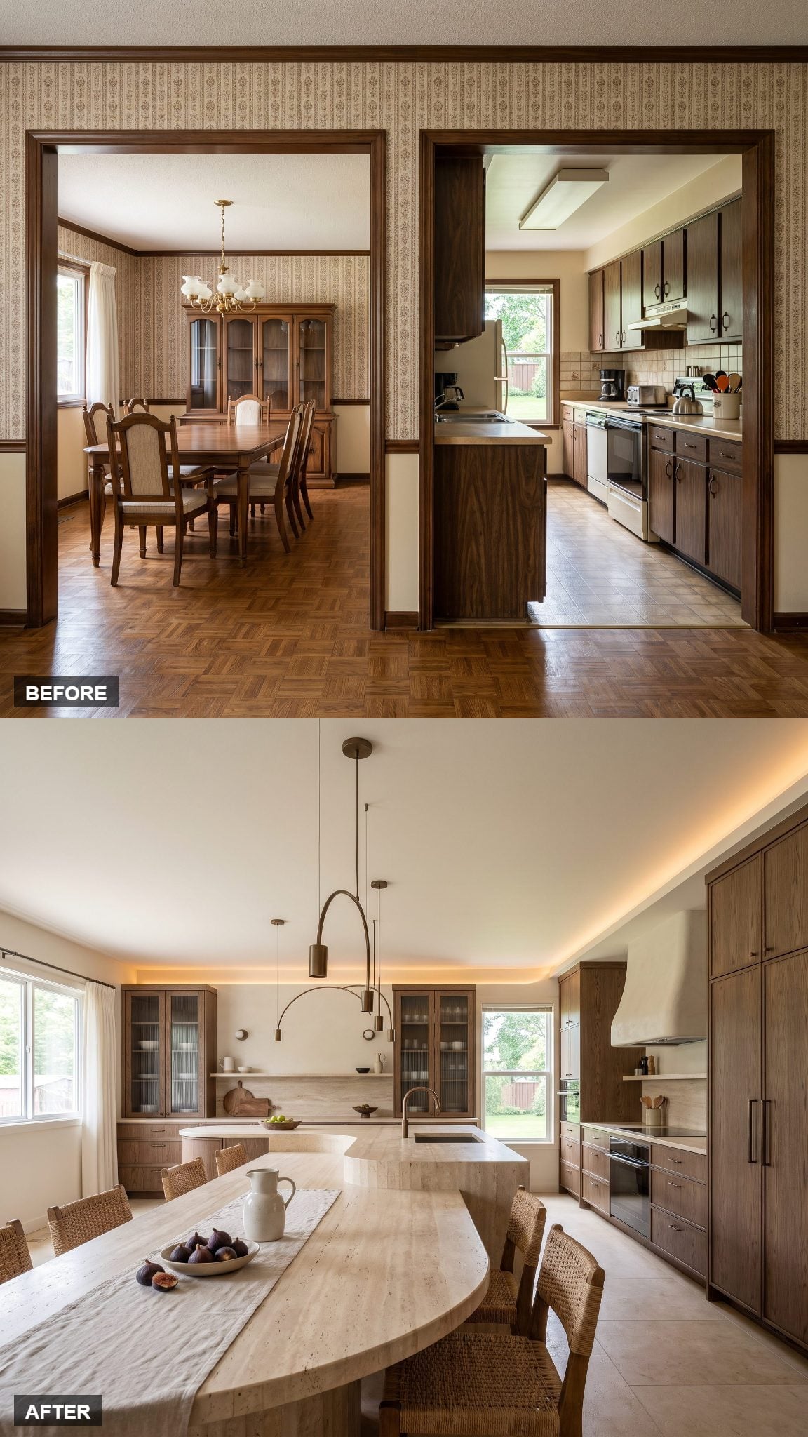 Curved Travertine Statement Kitchen in Smoked Oak