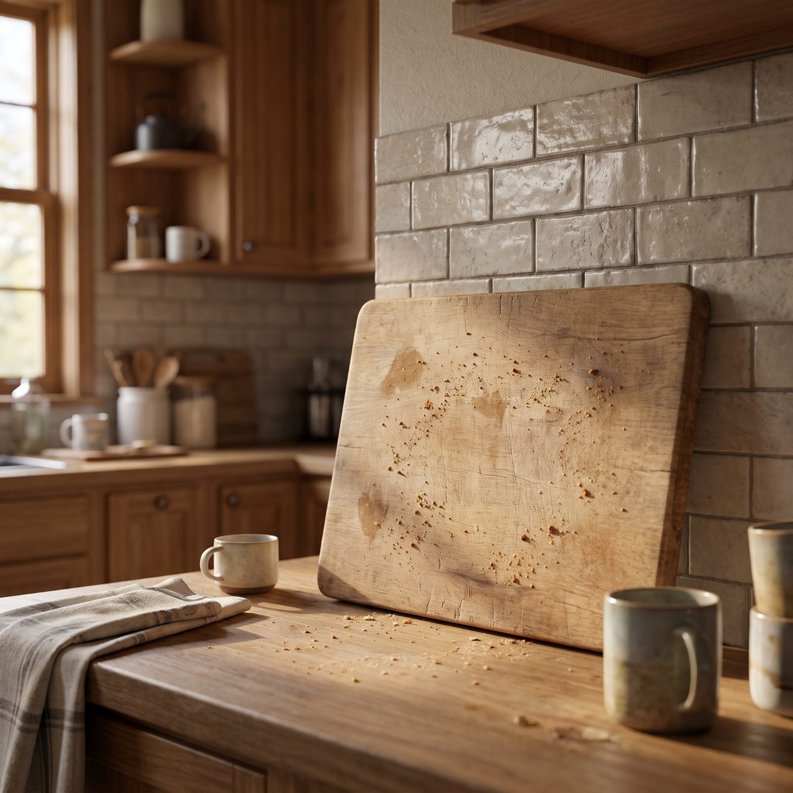 Galley kitchen counter with a scarred wooden cutting board standing against the backsplash and a chef's knife beside it.