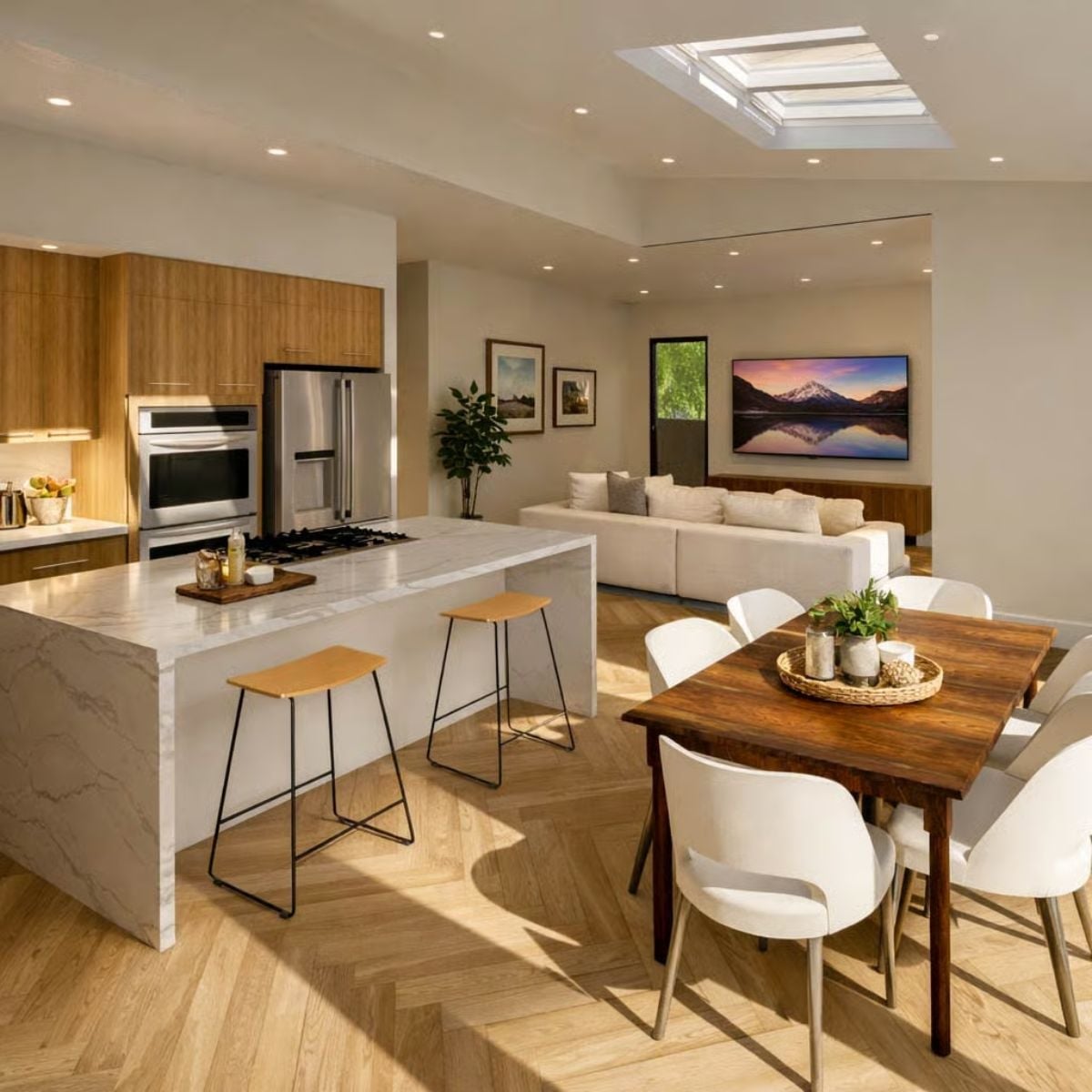 Marble Island, Herringbone Floor, and a Kitchen That Doesn't Hide from the Rest of the House