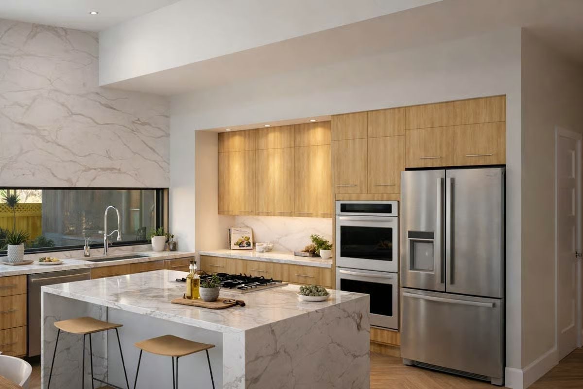 Marble Slab Backsplash and Gas Cooktop in a Kitchen Built for Real Cooking