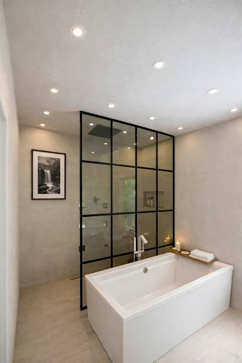 Steel-Framed Glass Wall Between the Tub and Shower That Actually Earns Its Keep