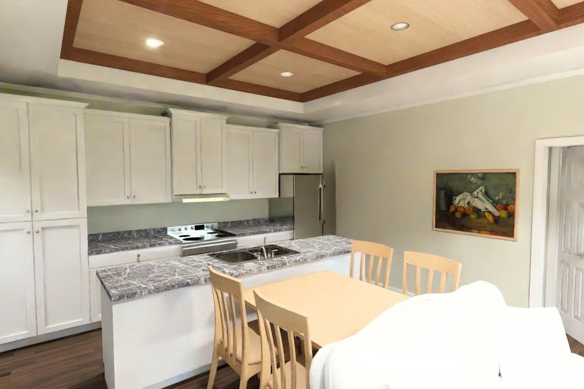 Coffered Ceiling, Marble Counters, and a Kitchen That Earns Its Square Footage