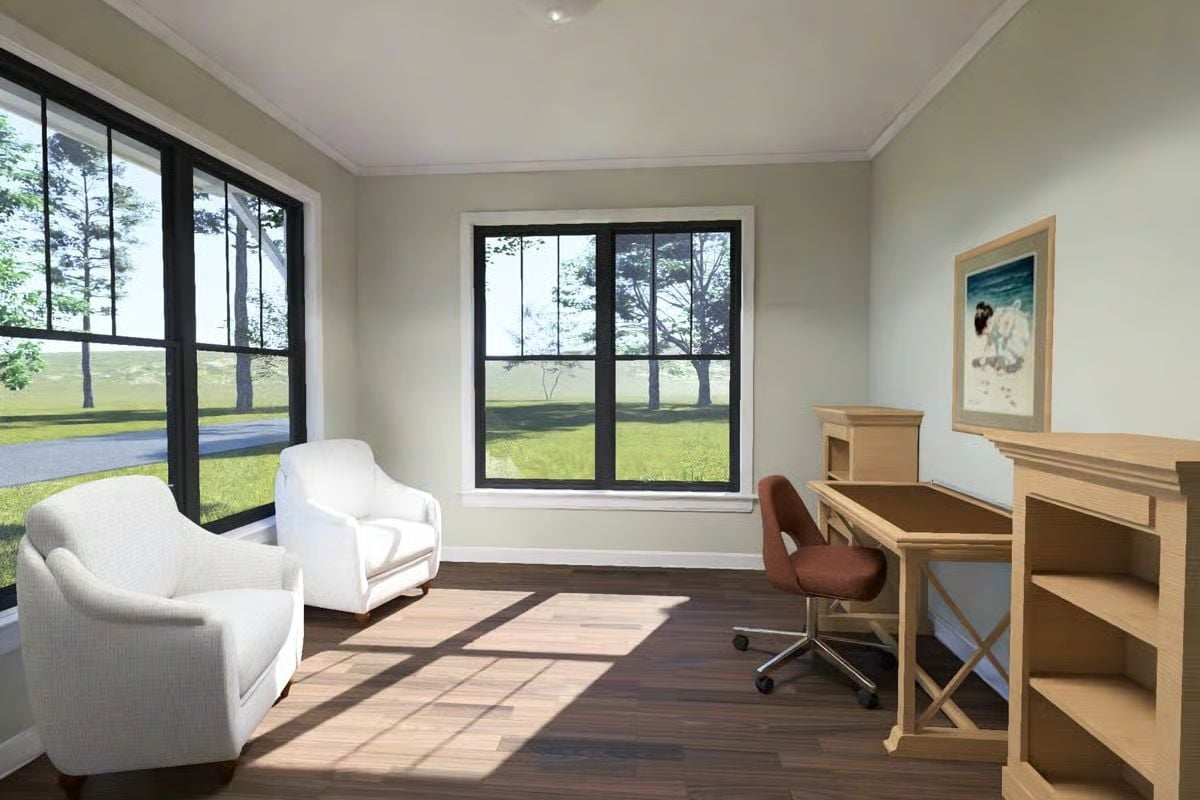 Dual Armchairs and a Corner Desk Make This Room Do Two Jobs Well