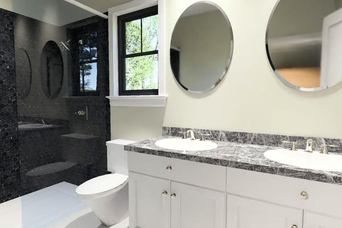 Hex Tile Shower and Double Vanity Make This Bathroom Pull Its Weight
