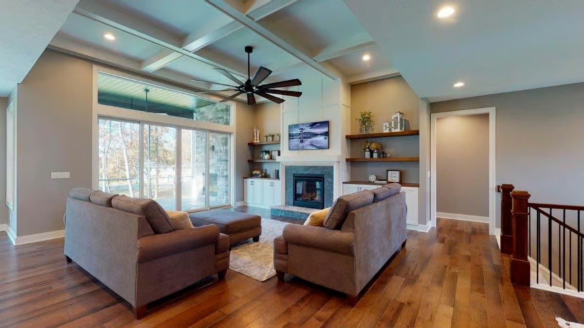 Coffered Ceiling, Fireplace Wall, and a View Worth Sitting Down For