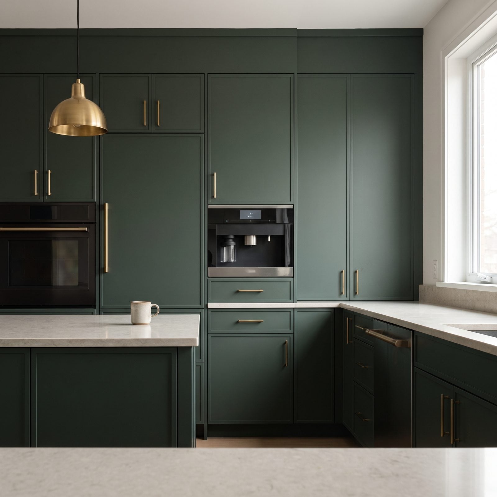 Dark green kitchen with a flush built-in plumbed coffee machine set into the tall cabinet run at chest height.