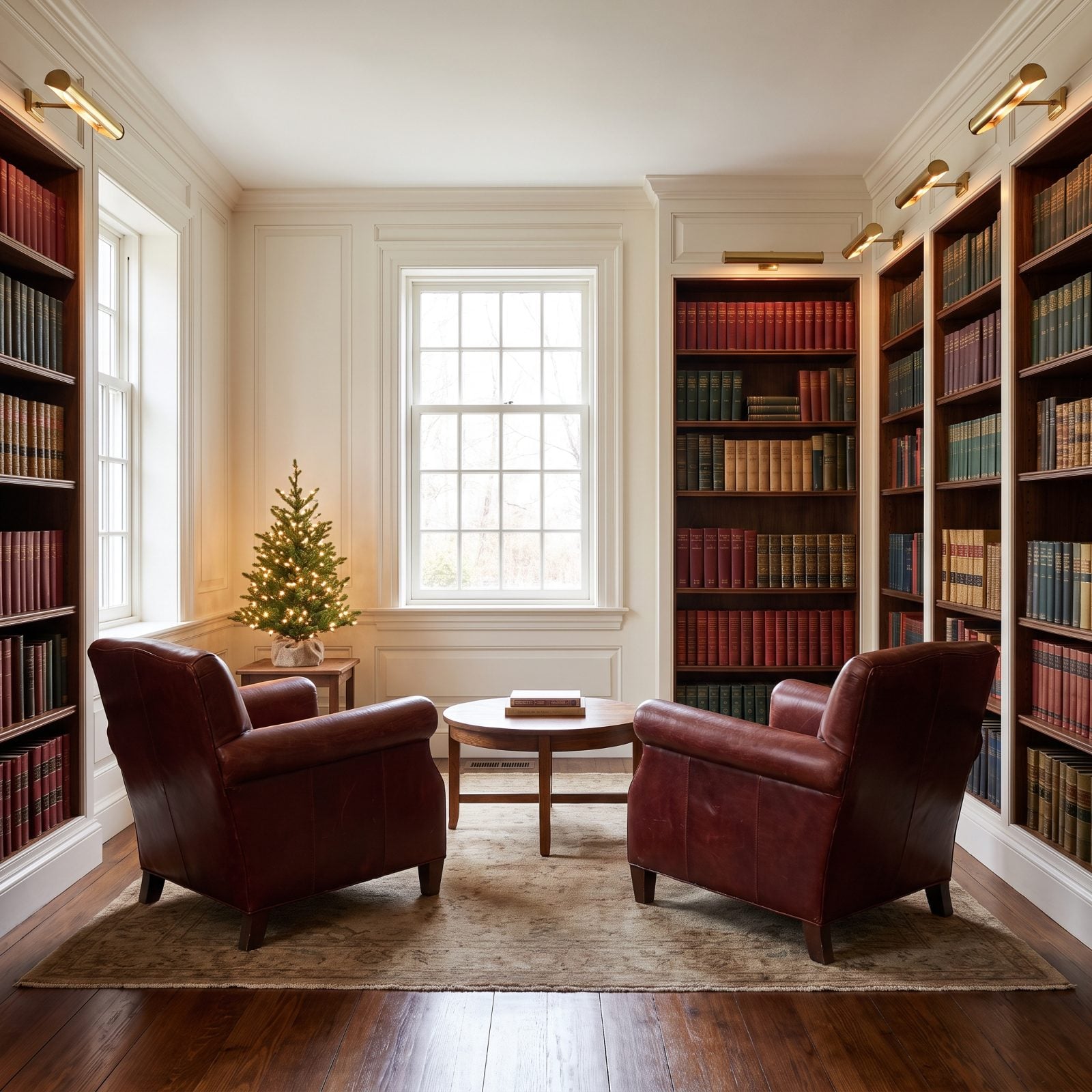 A Dark Library Brightened by Picture Lights and a Small Tree