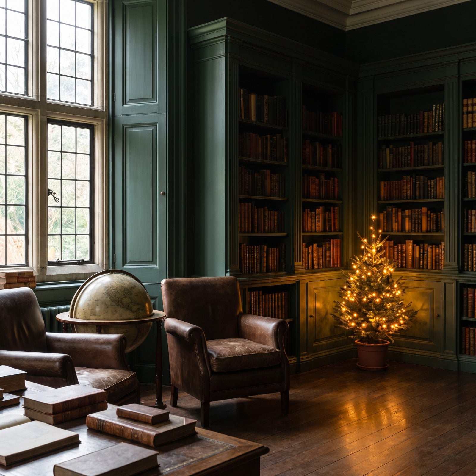 A Dark Library With a Small Tree and Amber Lights