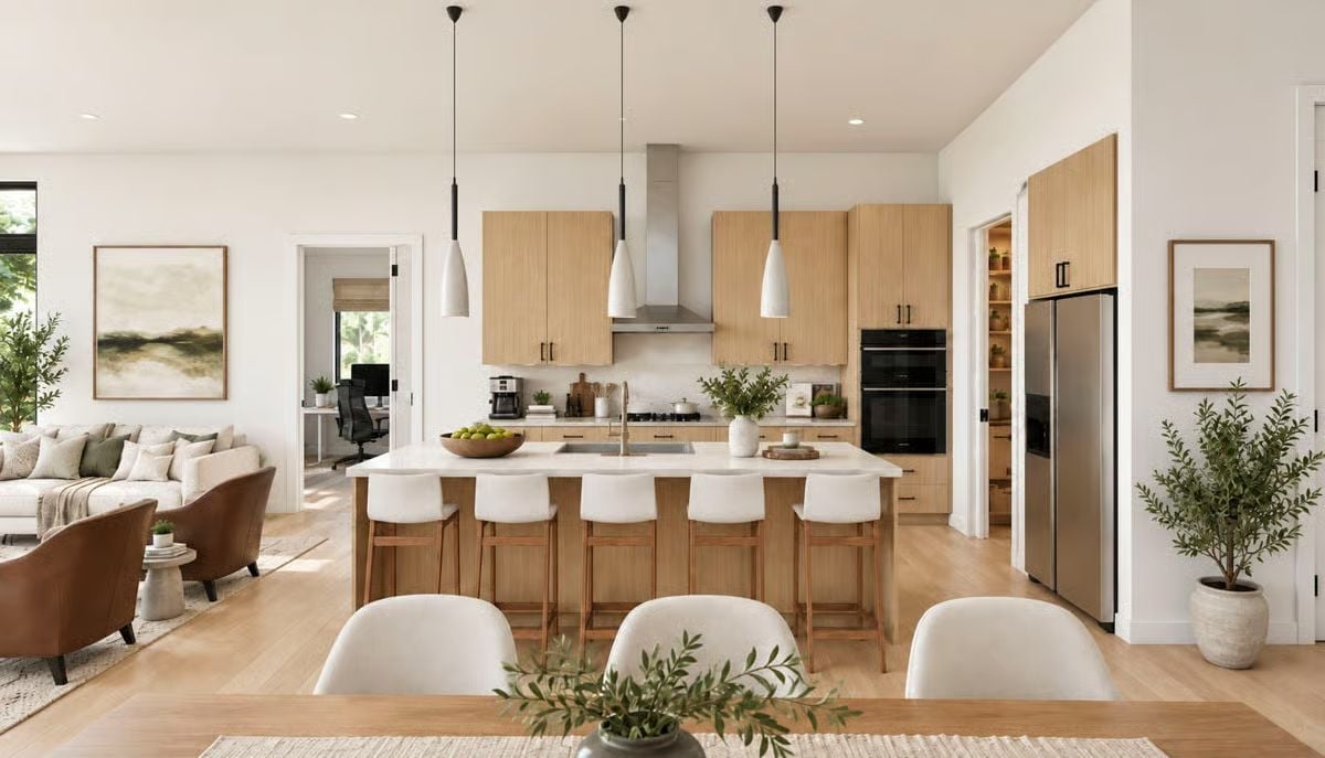 Light Wood Cabinets and White Pendants That Keep the Kitchen from Taking Itself Too Seriously