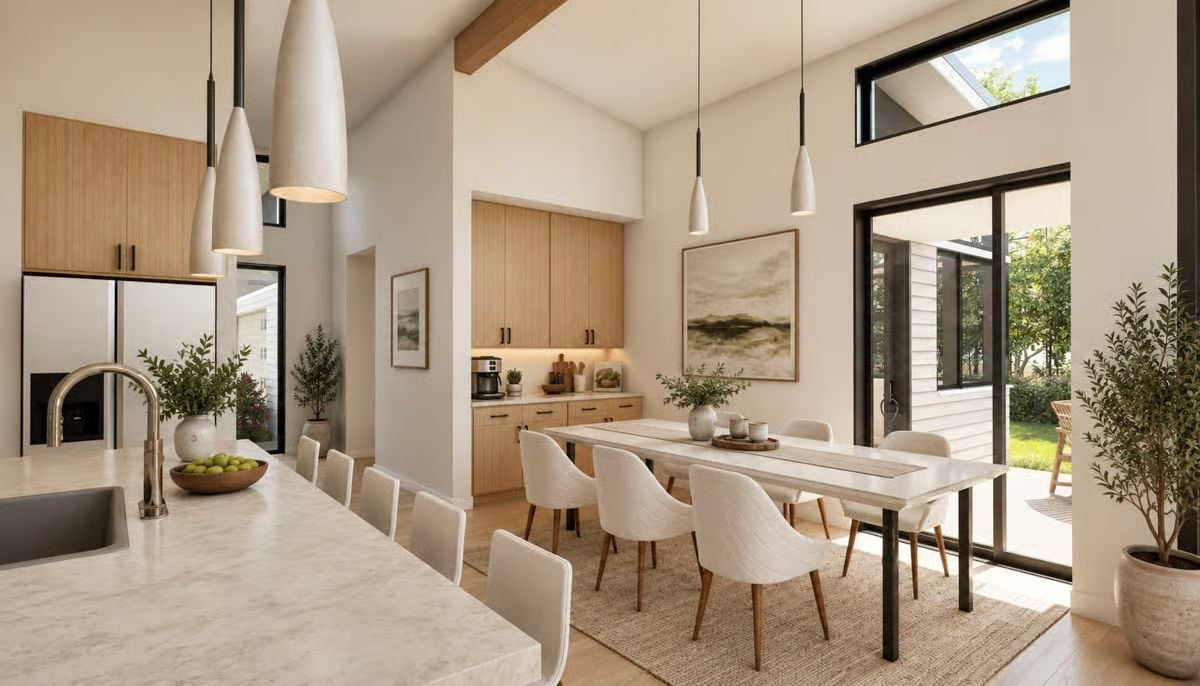 Warm Wood, White Stone, and Pendant Lights Tall Enough to Mean It