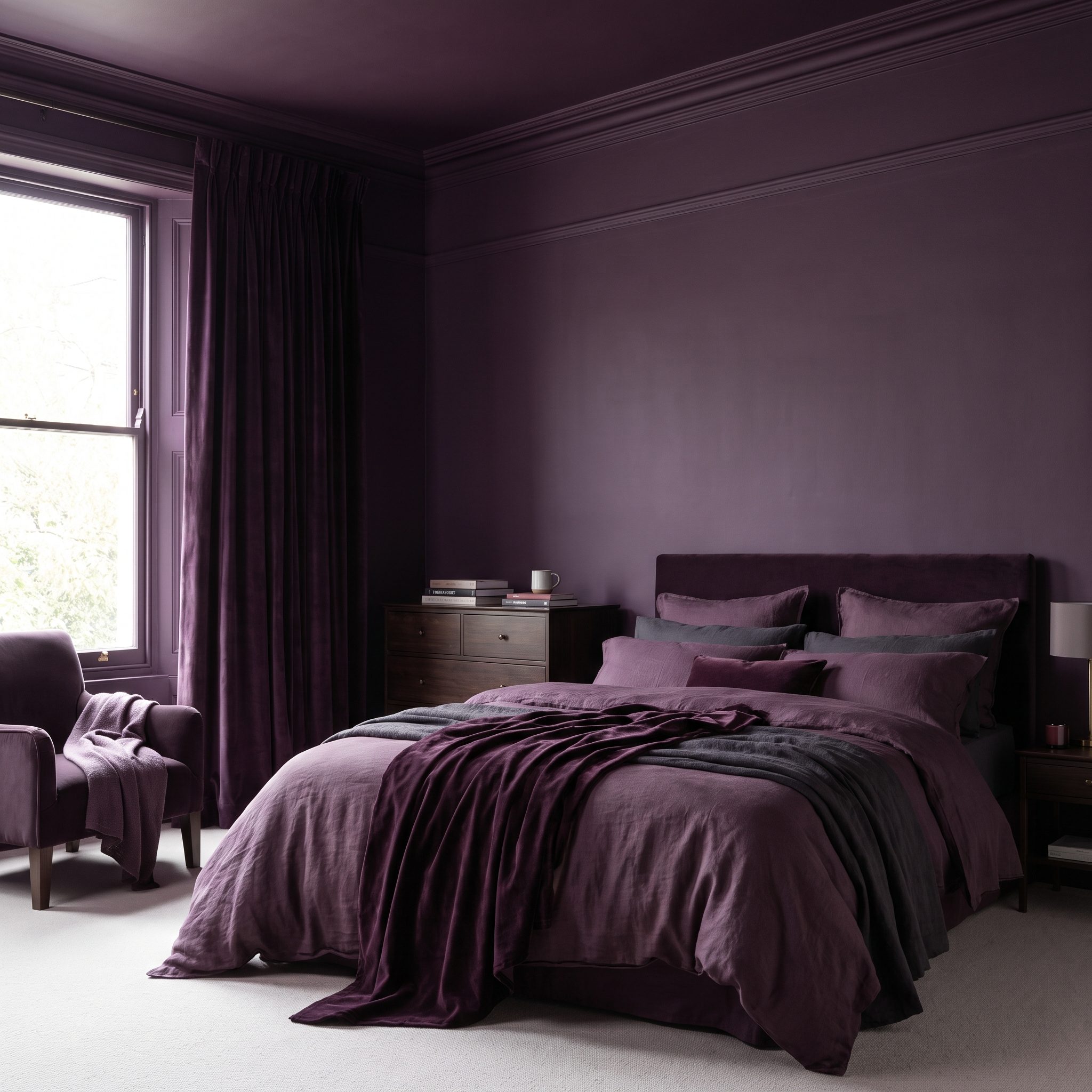 Deep Aubergine Bedroom, A Difficult Color Becomes Elegant When the Room Fully Commits