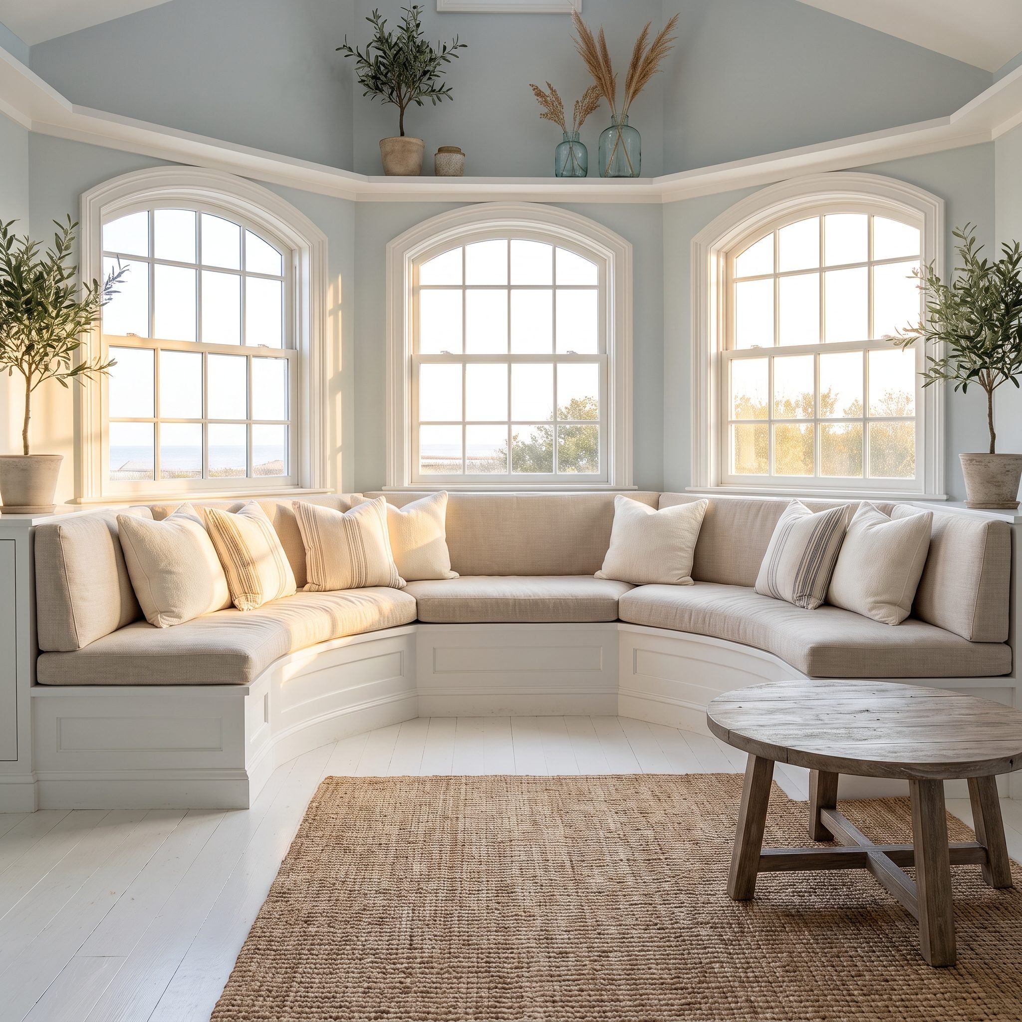 A deep bay window fitted with a curved peach upholstered banquette and a small travertine table
