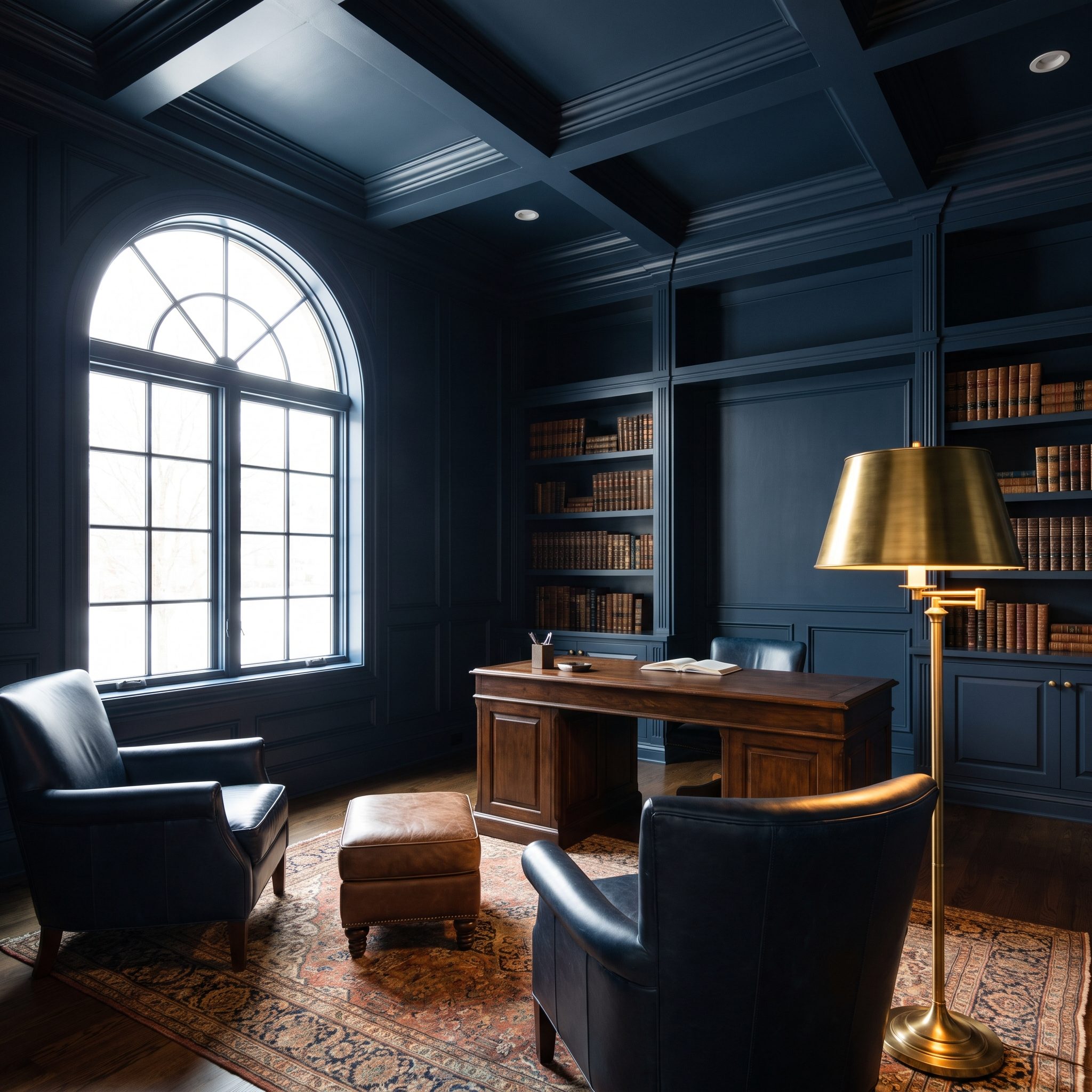 Den with navy raised-panel walls, trim, doors, and ceiling as one continuous surface with a velvet sofa and leather armchair.