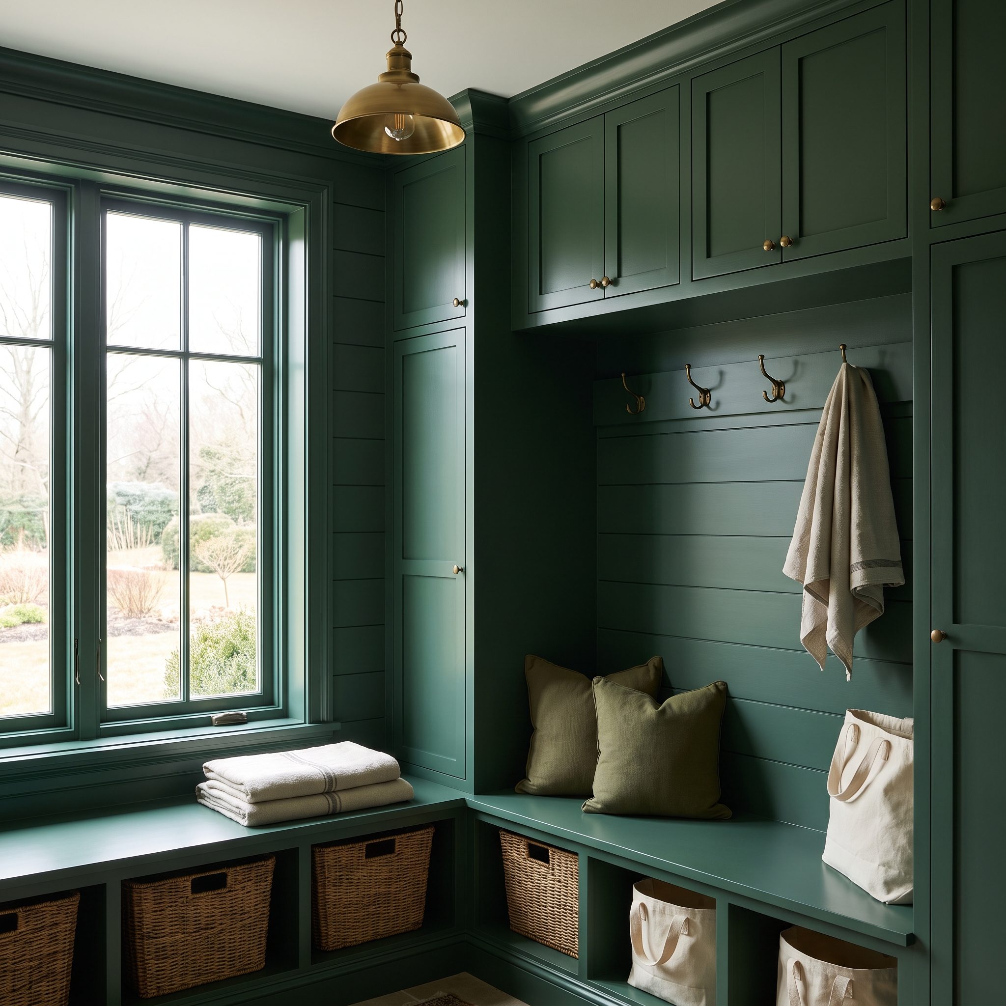 Mudroom in deep forest green across walls, locker cabinetry, trim, and door with brass hooks and checkerboard tile.
