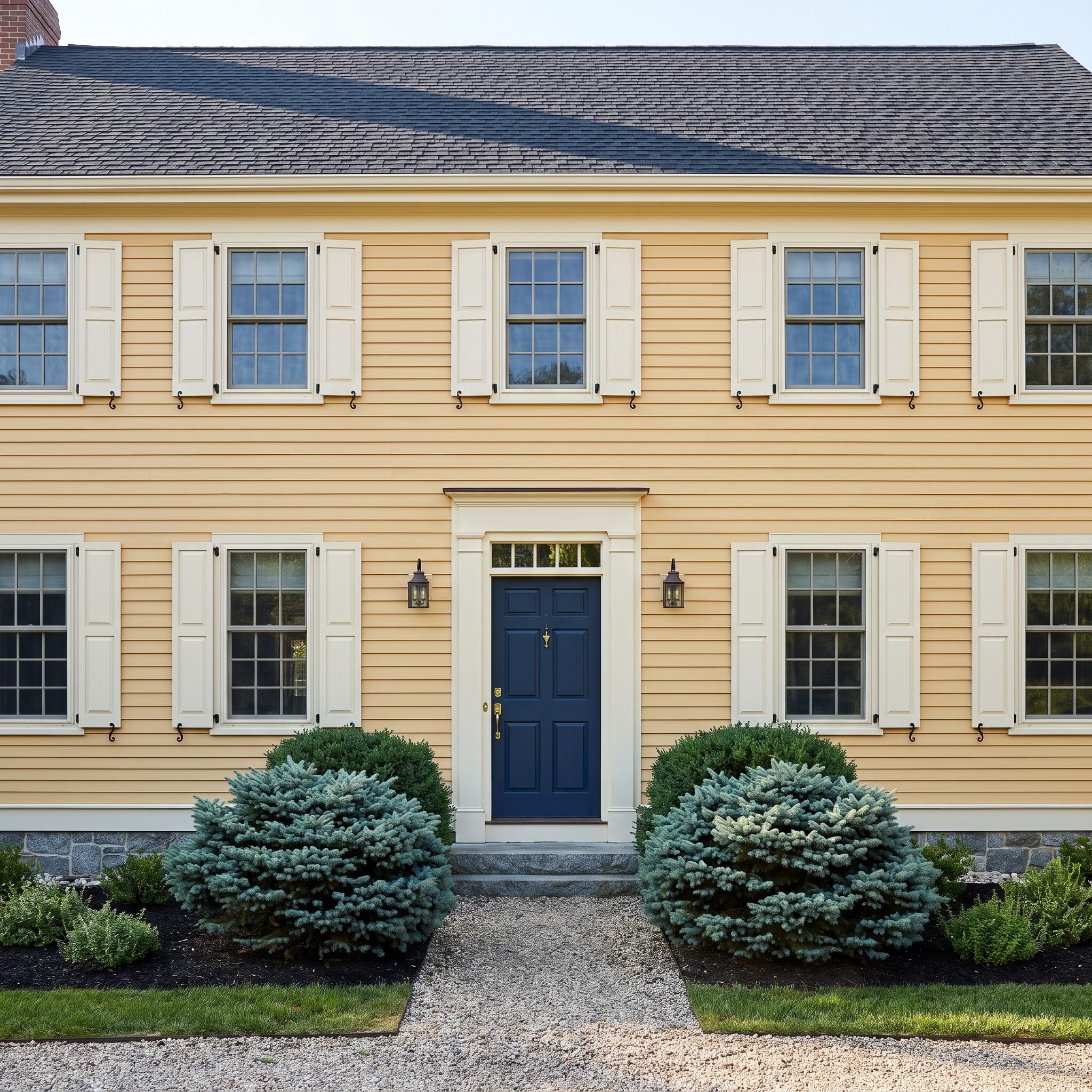 Deep ink-blue front door on a symmetrical warm-yellow Colonial home