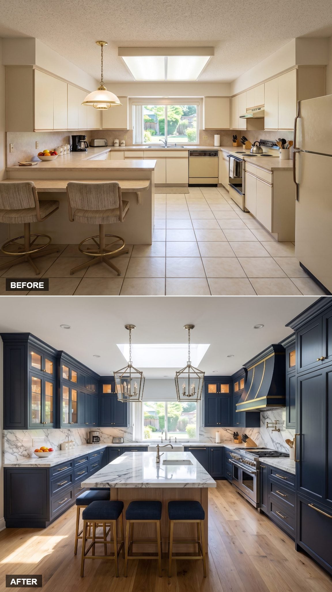 Deep navy kitchen cabinetry with white marble