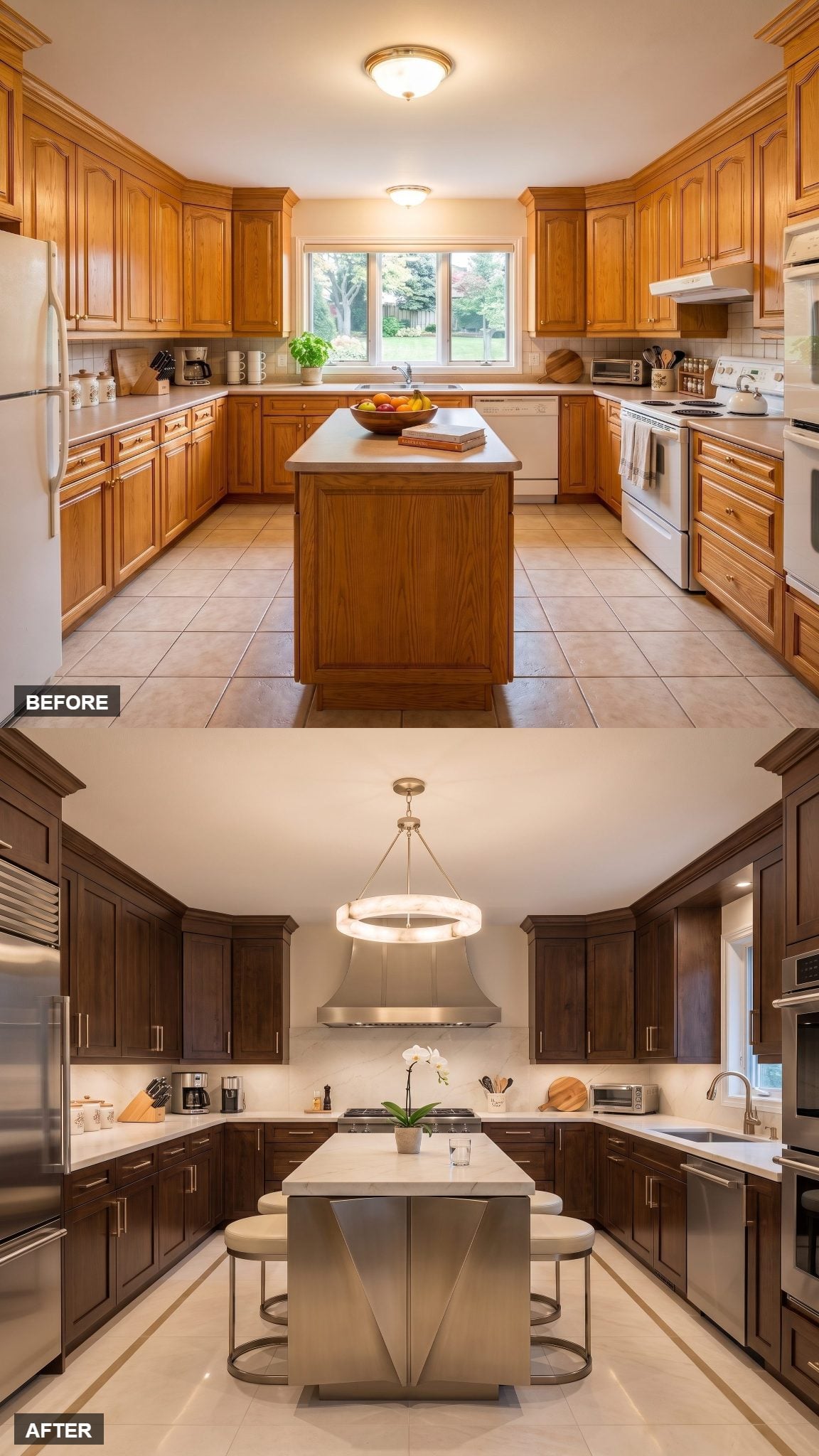 Deep brown oak kitchen with sculptural champagne-metal island and alabaster ring lighting