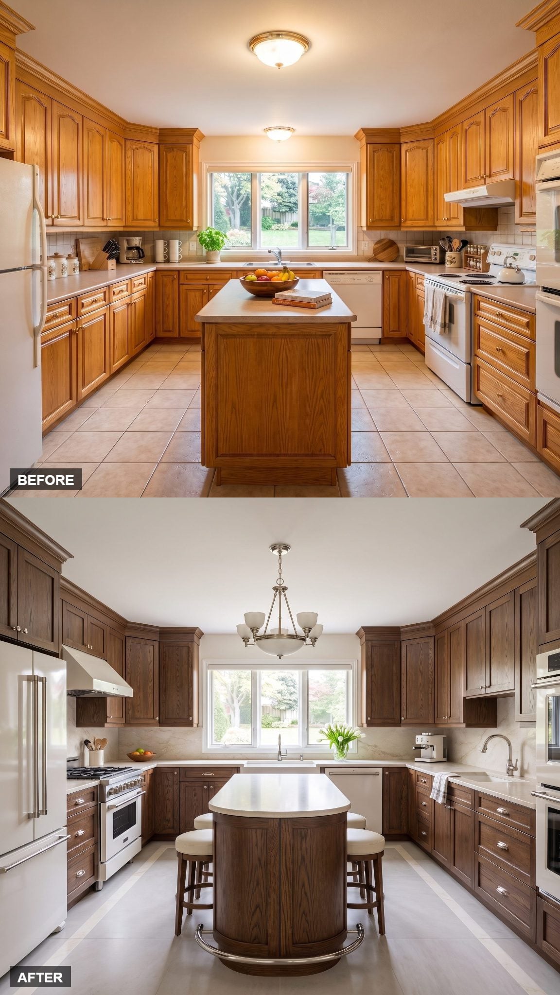 Deep brown oak kitchen with pearl-enamel appliances and softly contrasting pale finishes