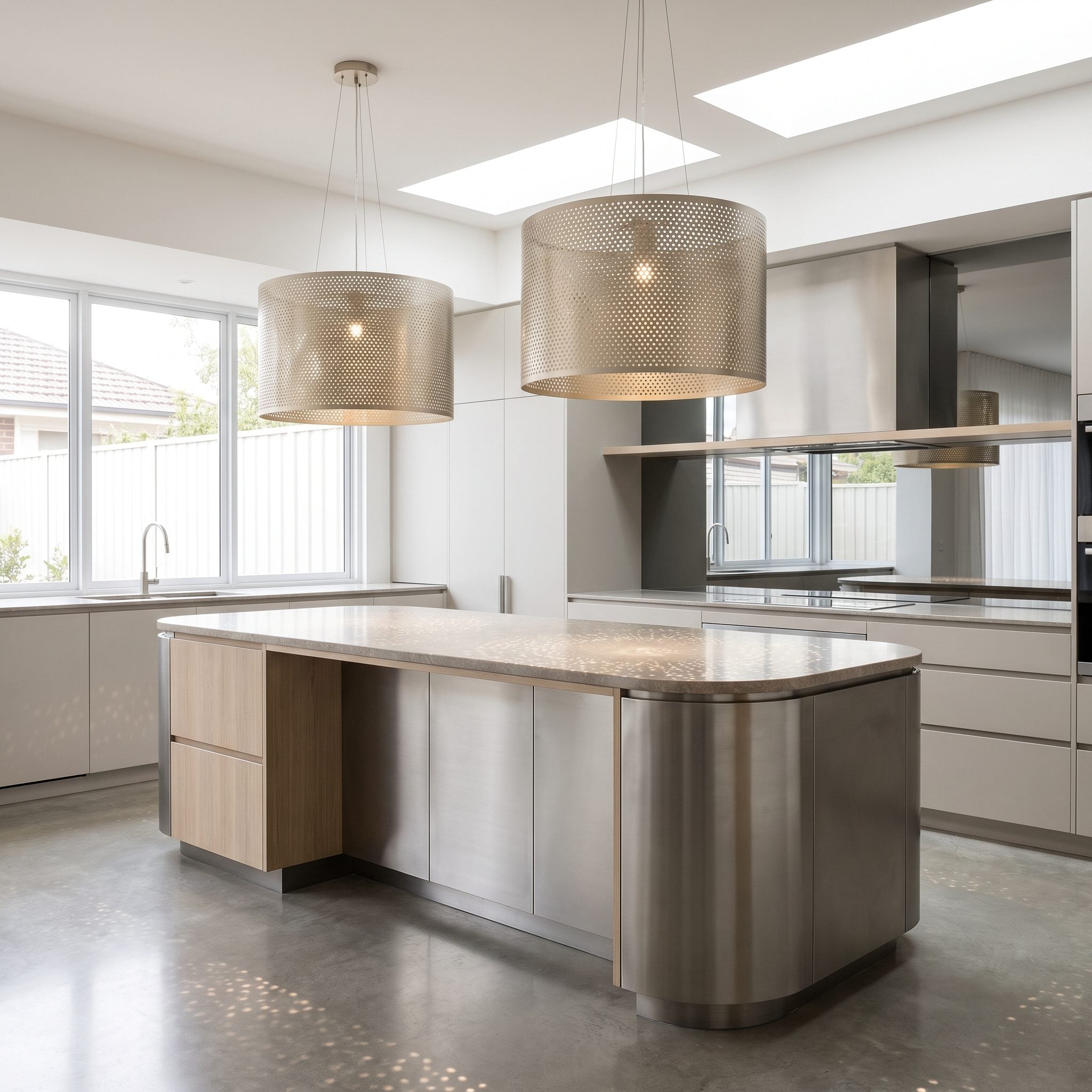 Deep Rounded-Rectangle Island With Two Oversized Perforated-Metal Drums