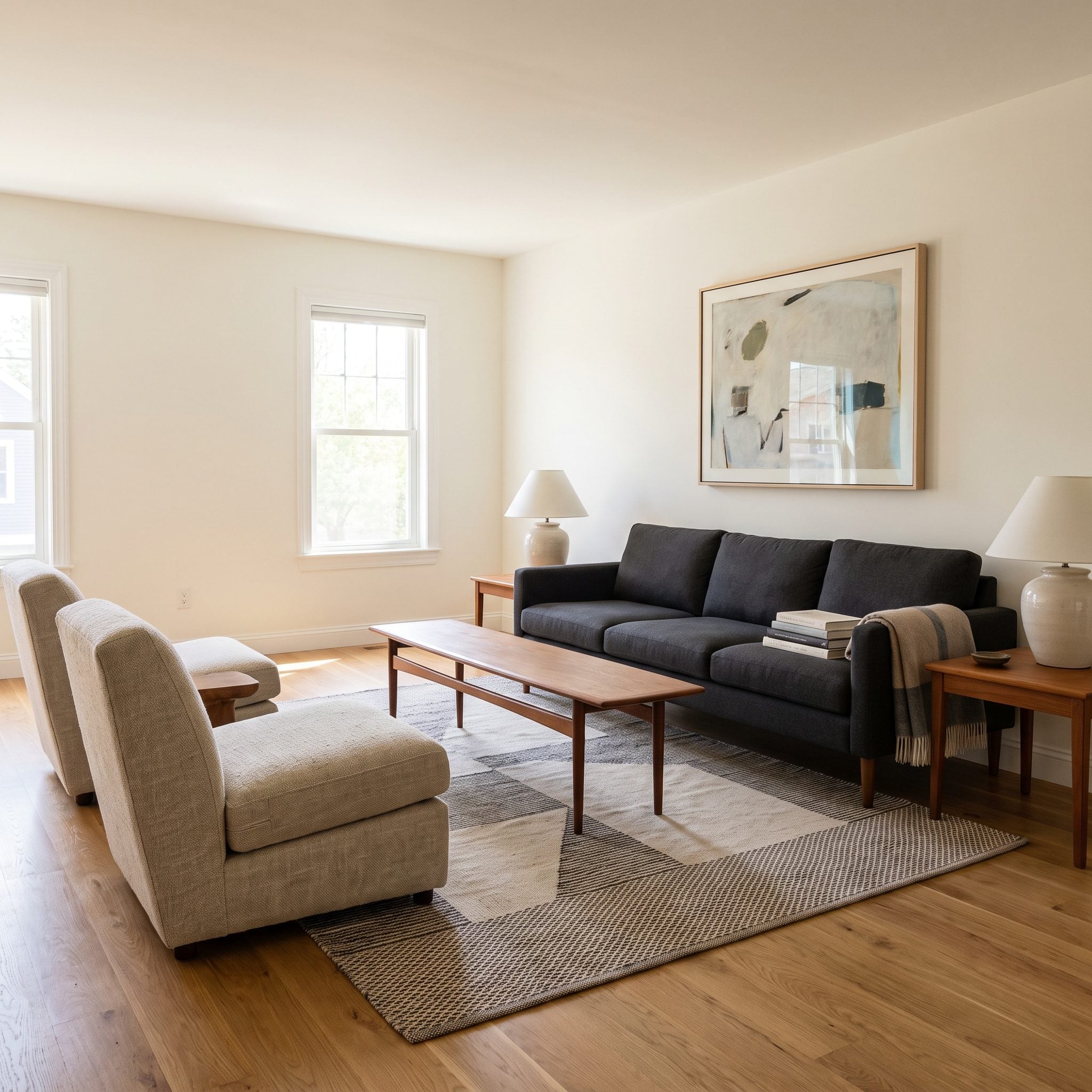 Deep charcoal sofa facing lounge chairs over a long but very narrow coffee table on a wide rug.