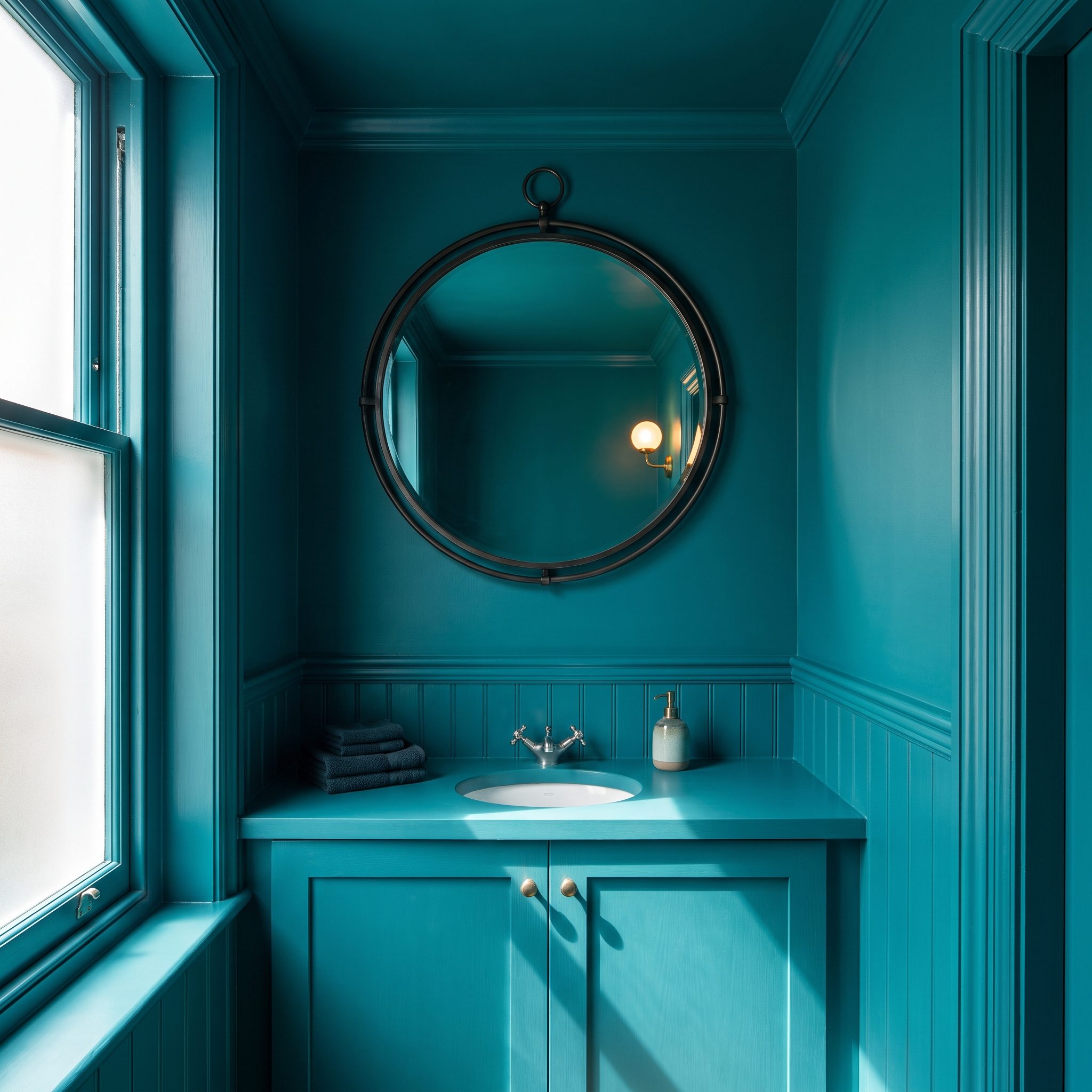 Deep Teal Powder Room, A Tiny Room Goes All-In Instead of Trying to Look Bigger