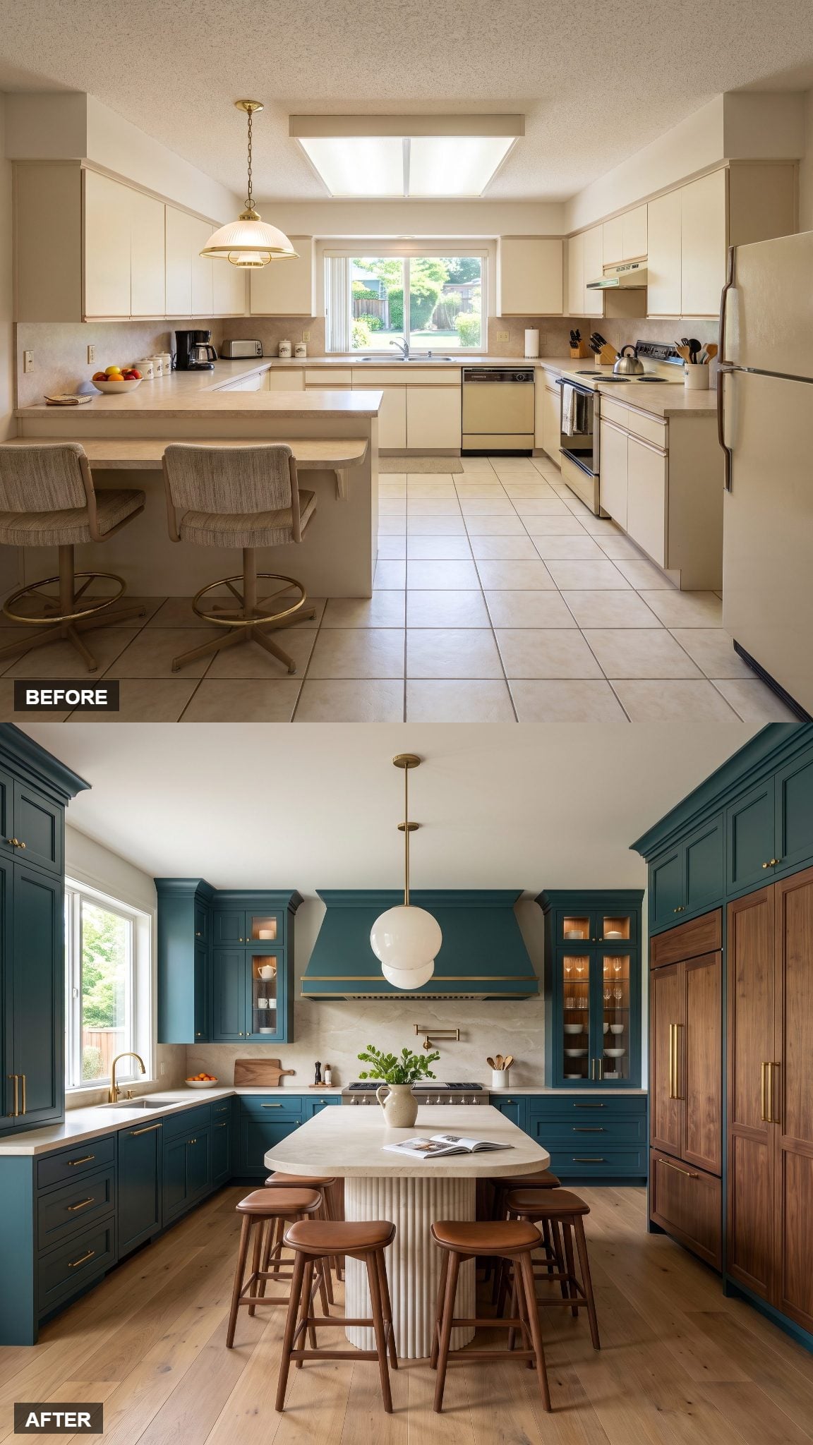 Deep teal kitchen with walnut and a ribbed limestone island