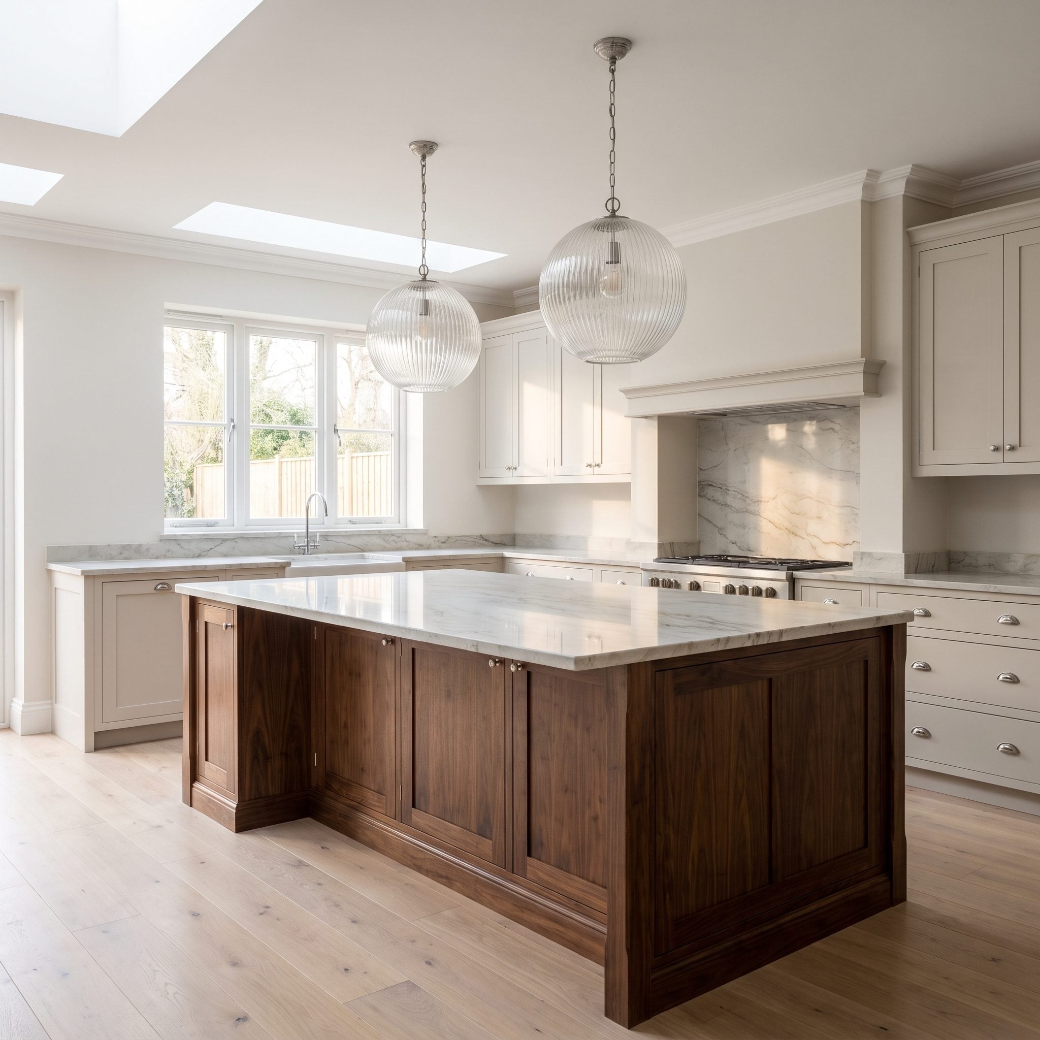 Deep Walnut Island With Two Oversized Ribbed-Glass Globes