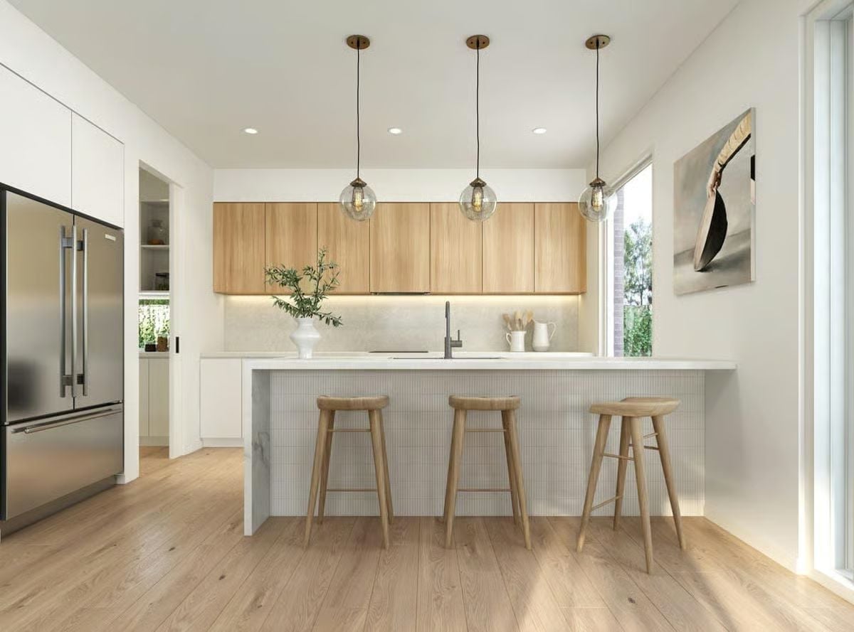 Globe Pendants, Fluted Island Panels, and Warm Oak That Does the Heavy Lifting
