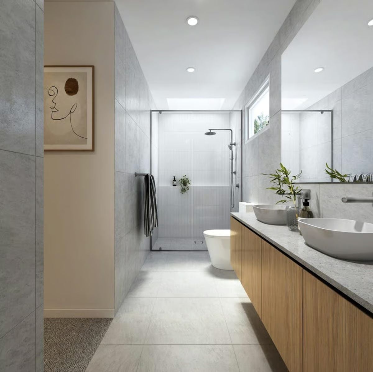 Vessel Sinks, Warm Oak Cabinetry, and a Shower That Gets the Natural Light