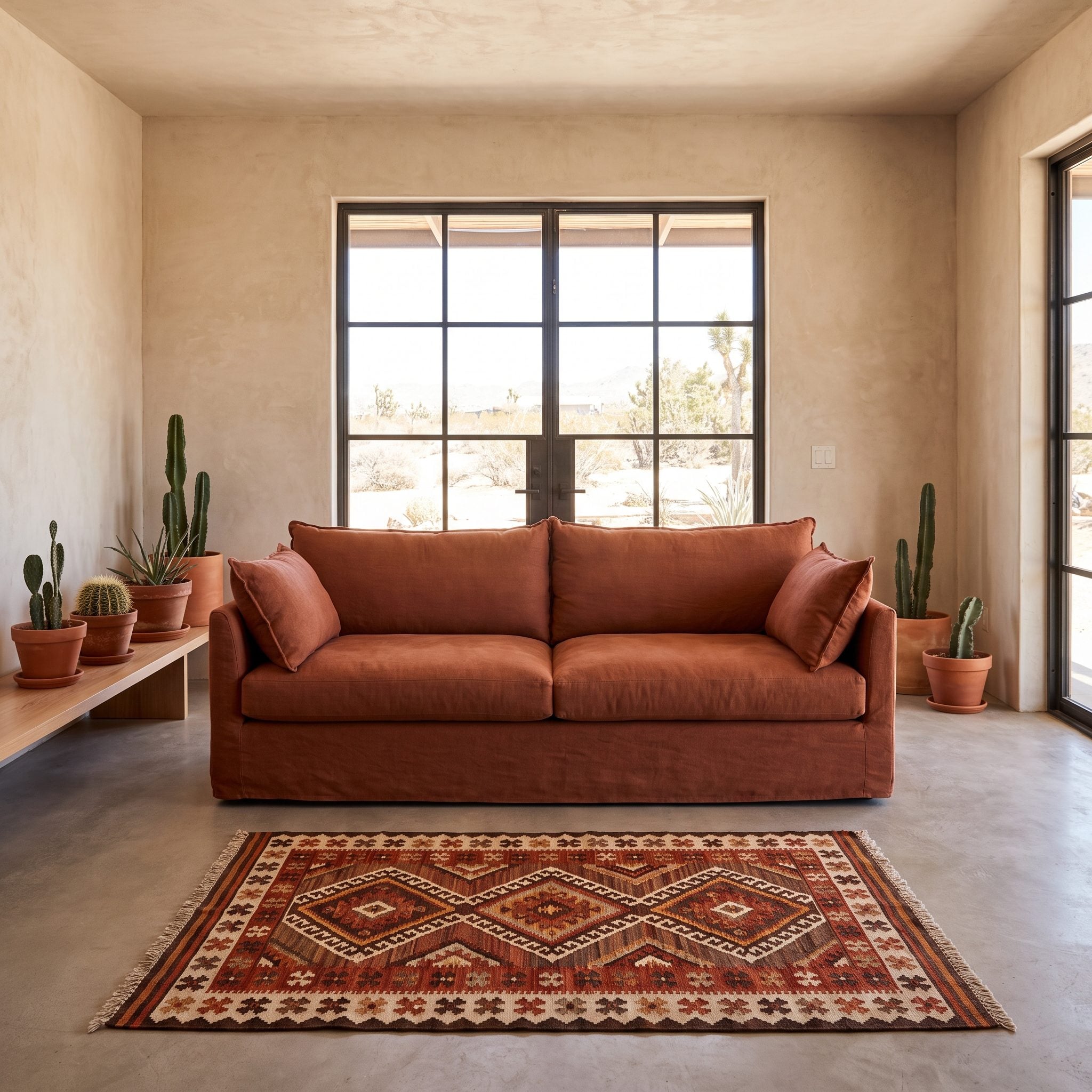 Rust sofa and leather chair on a small patterned rug beneath one small framed print in a desert-modern room.