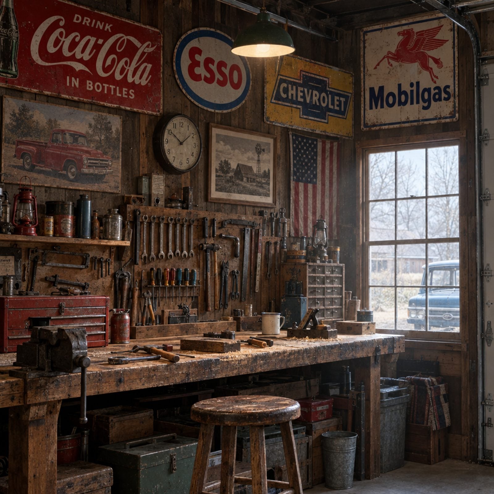 A Detached Garage Workbench Dressed in Nostalgic Decorations