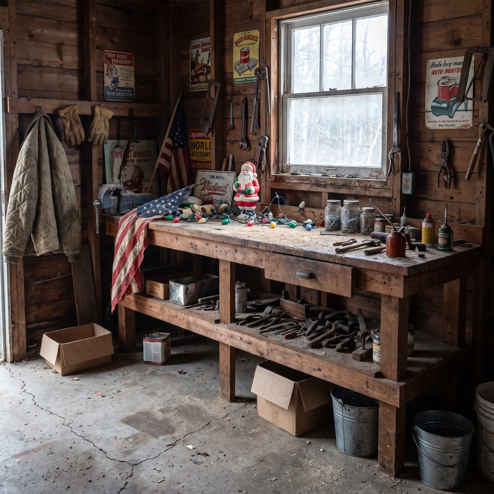 A Detached Garage Workbench Dressed in Nostalgic Decorations