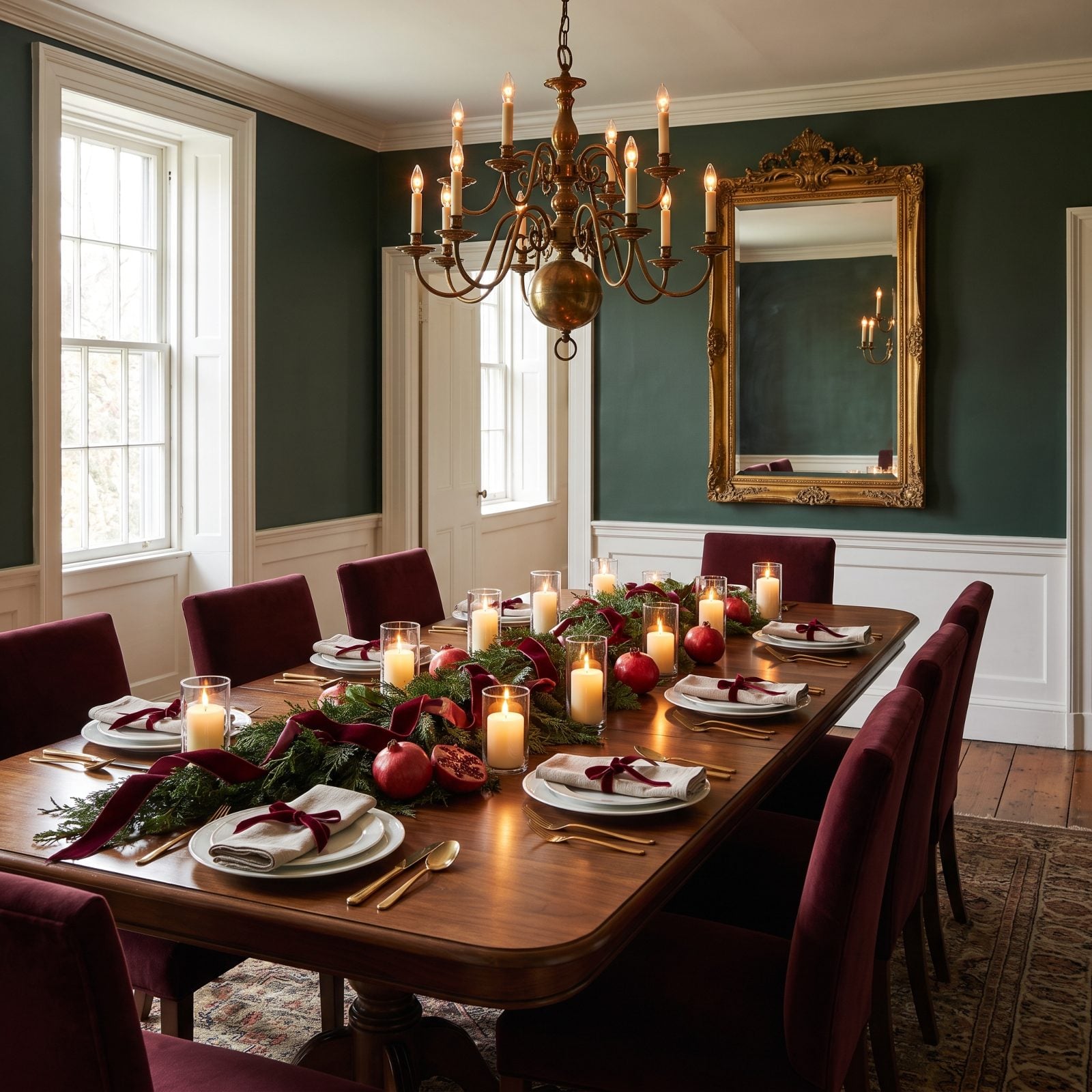 A Dining Room Built Around Burgundy Velvet and Evergreen