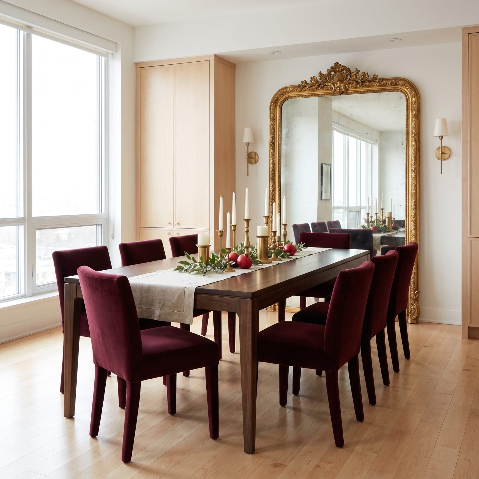 A Dining Room with Candles Reflected in an Antique Mirror