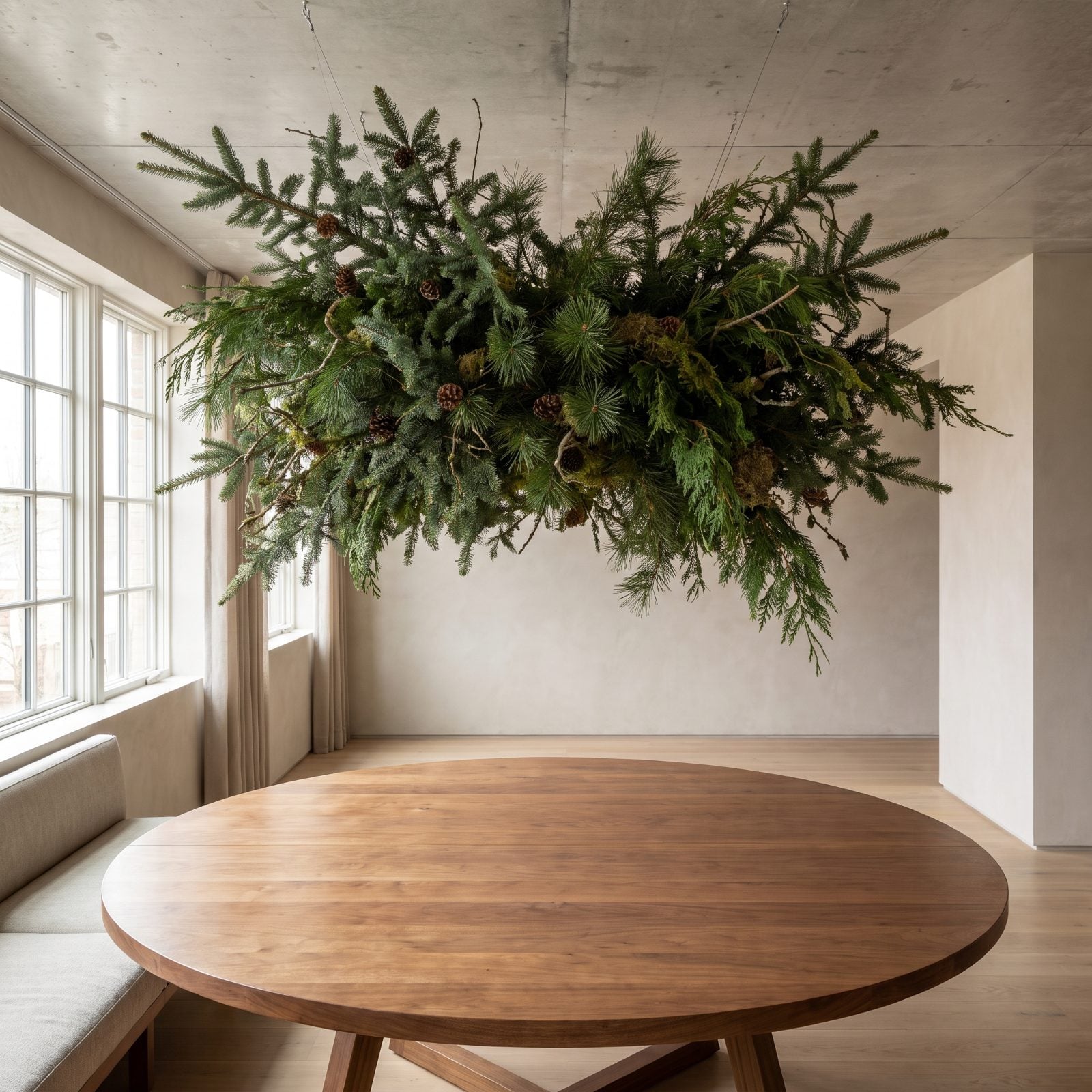 A Dining Room Centered on One Suspended Evergreen Installation