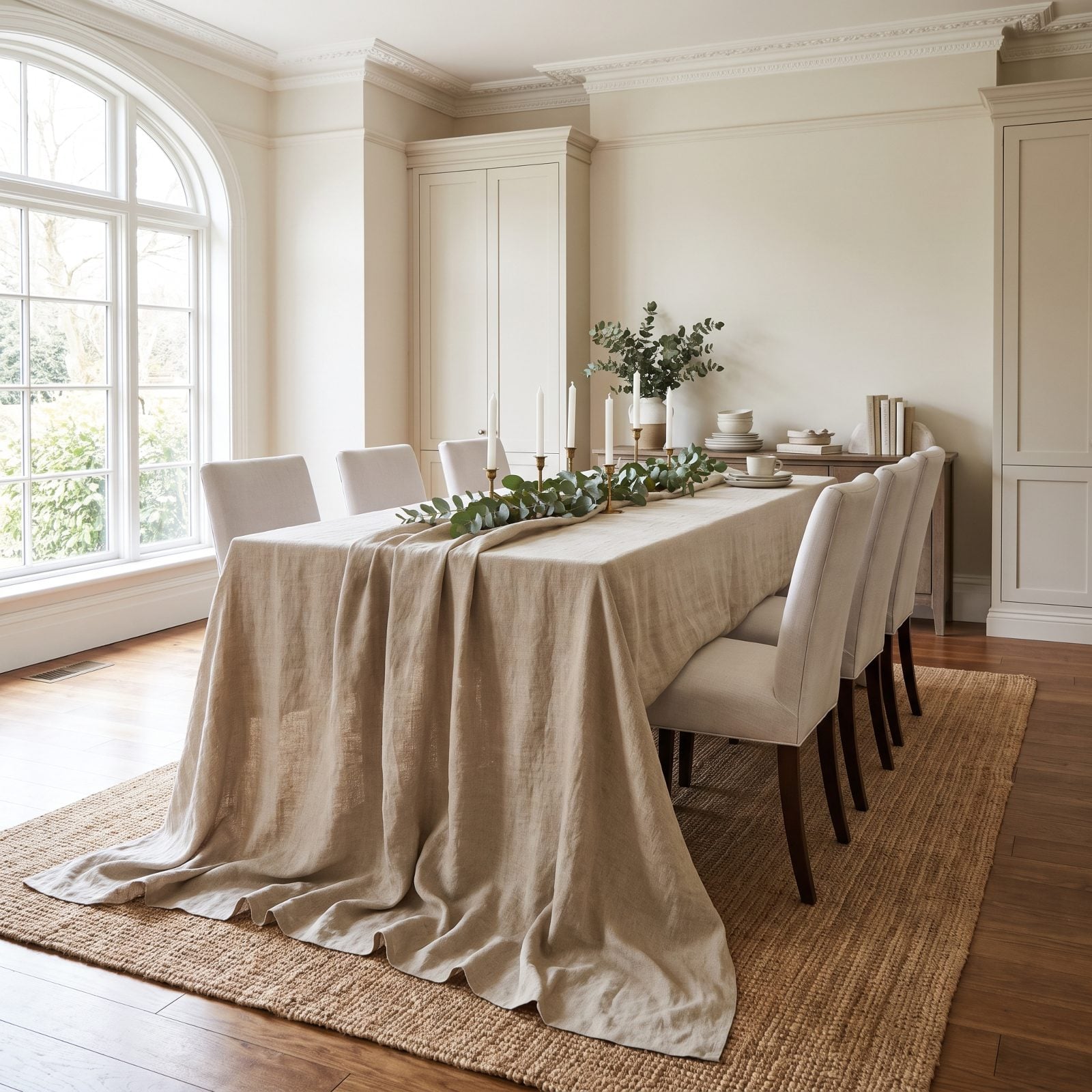 A Dining Room Grounded by a Floor-Length Linen Tablecloth