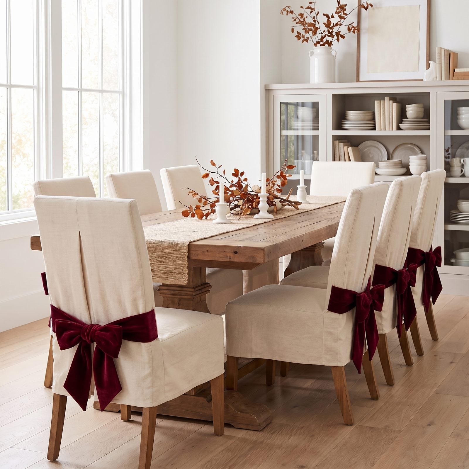 A Dining Room with Slipcovered Chairs Tied in Bows